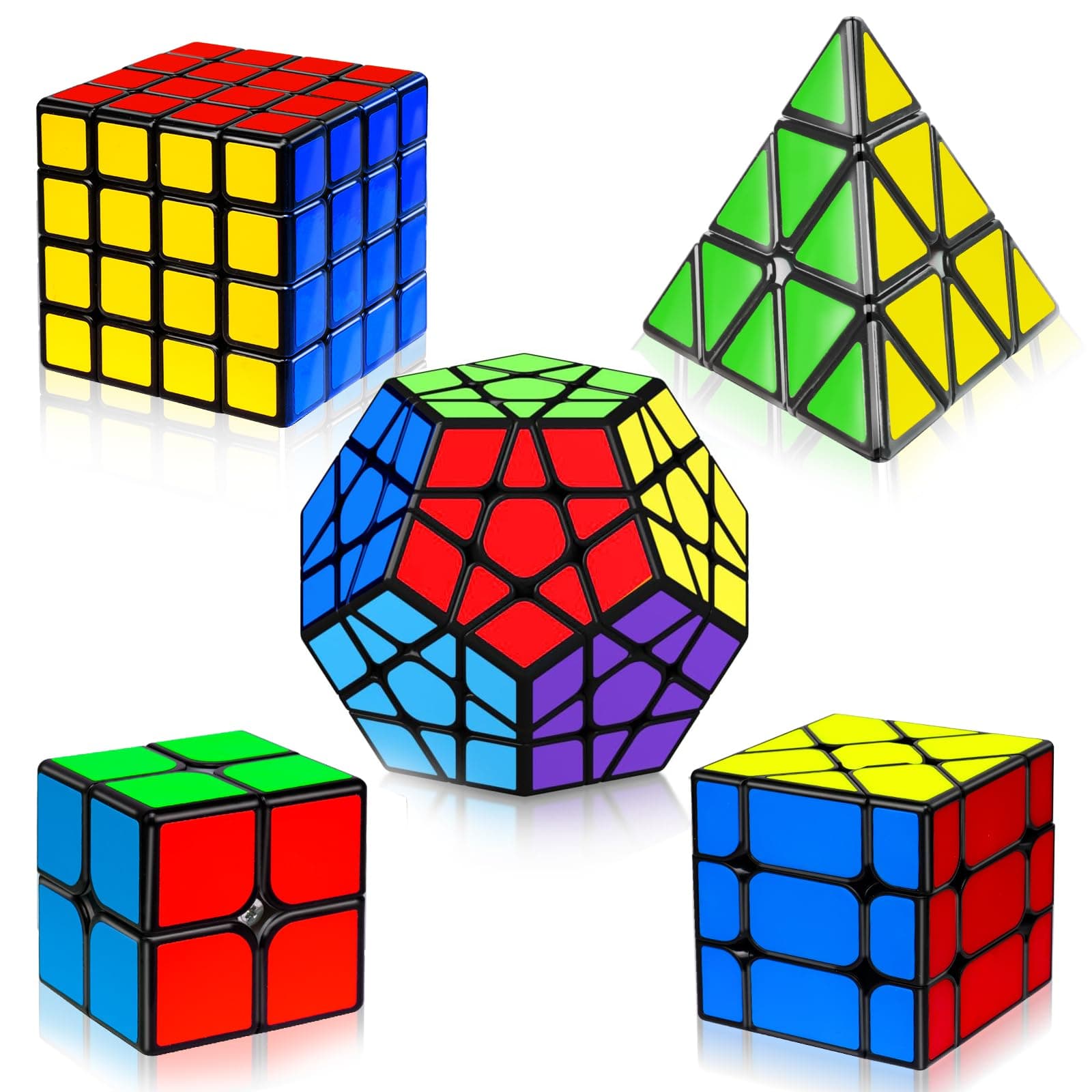 5 Pack Magic Speed Cube Set - 2x2, 3x3, 4x4, Triangle Megaminx Speed Cubes for Kids & Adults