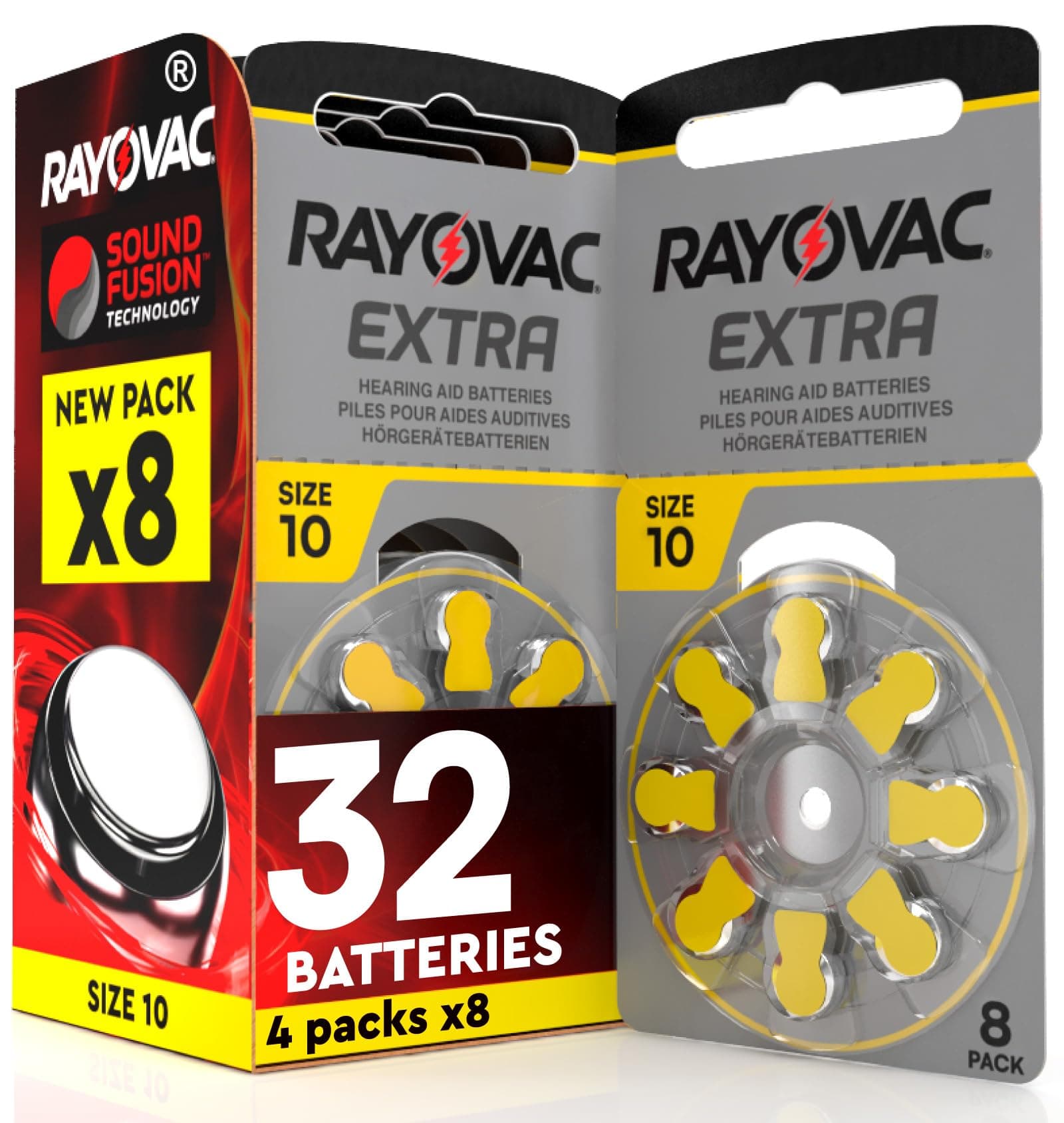 32 Hearing Aid Batteries Size 10 Rayovac (Yellow) PR70 Zinc-Air with Sound Fusion Technology - 4 Blisters of 8 Batteries