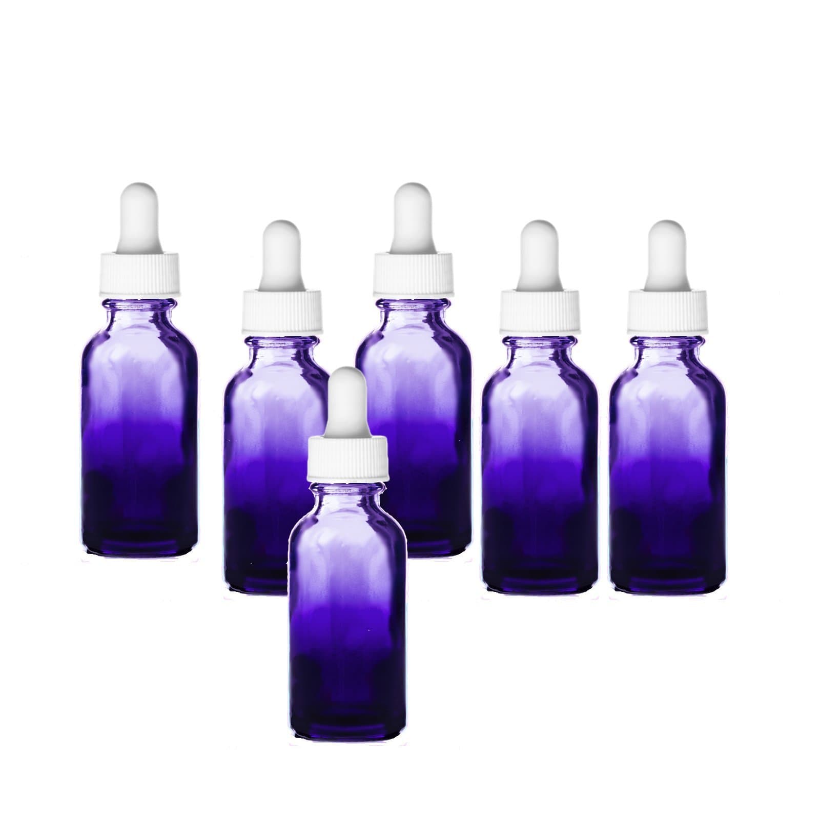 1 OZ PURPLE Shaded Glass Boston Round Bottle Glass Pipette w/ white rubber bulb- Pack of 6