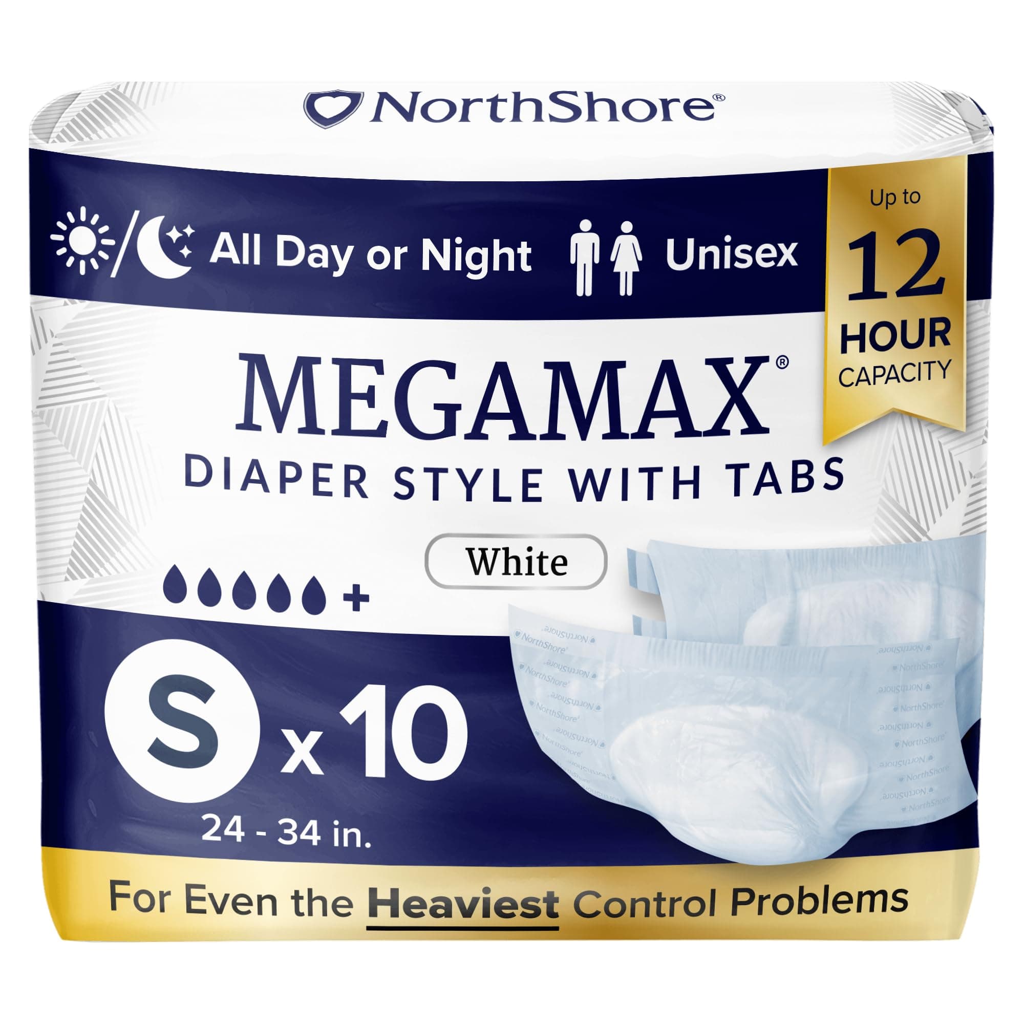 MegaMax Night Diapers for Adults, 12 Hour Tongue Style, Small, White, 24-34 Inch, Pack of 10, Unisex