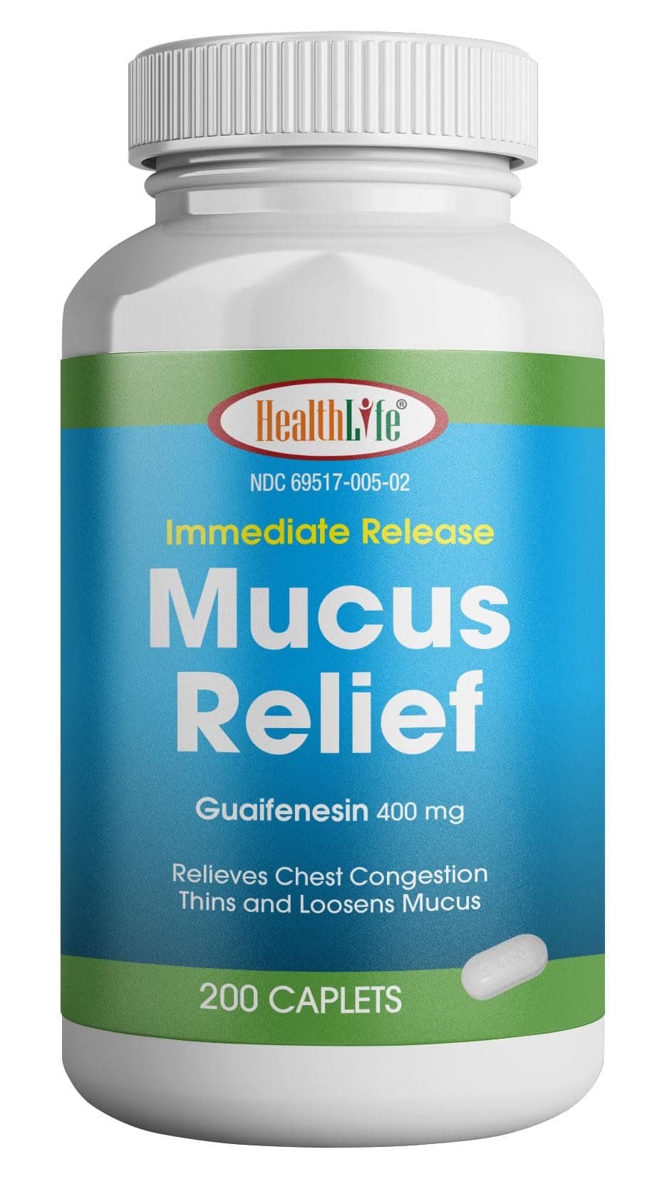 Mucus Relief Guaifenesin Caplets 400 mg, Immediate Release Fast Acting Expectorant, Thin and Loosens Mucus, Relieves Chest Congestion, Cough, Cold and Flu (Medium, 200 Count)
