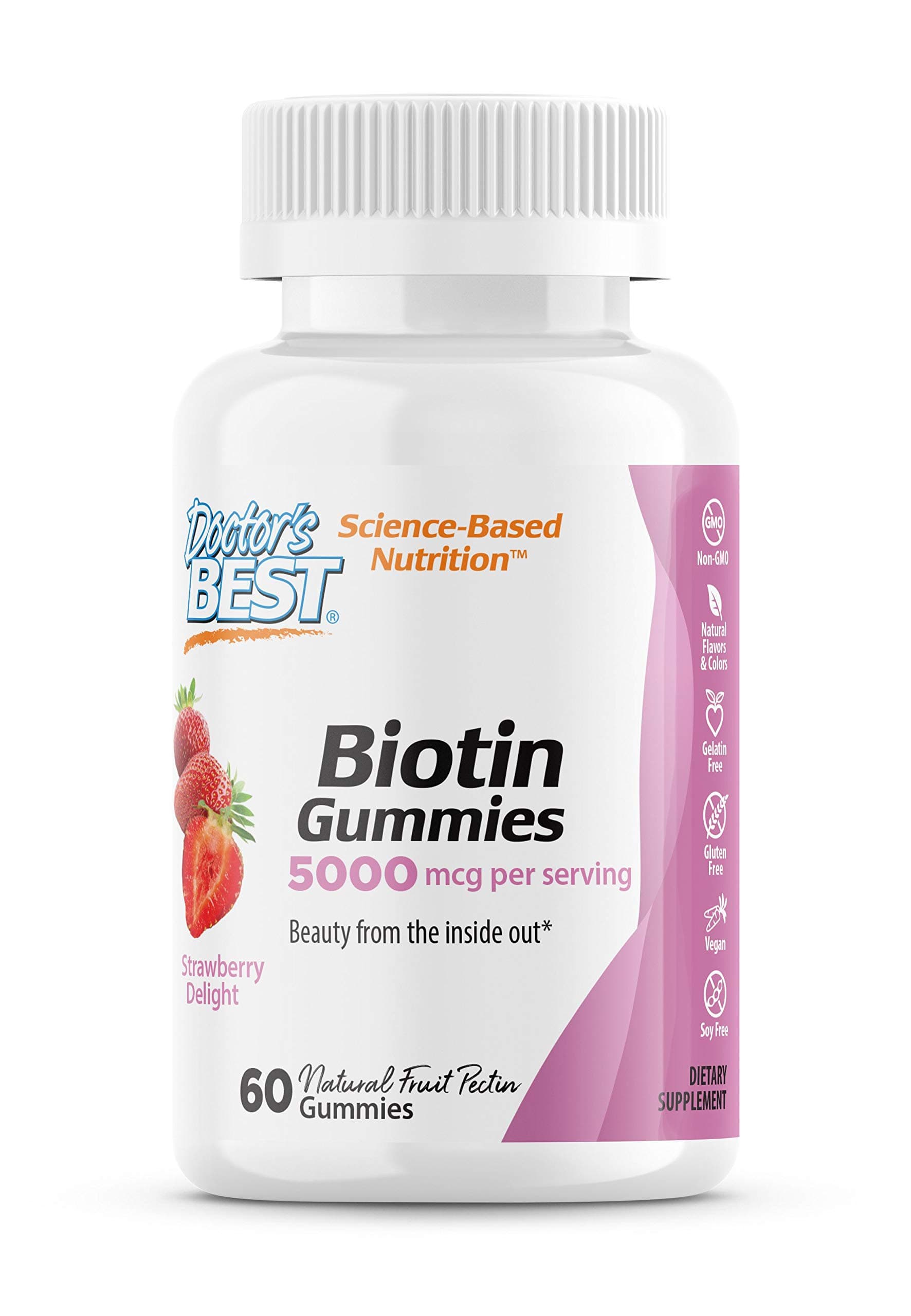 Doctor's Best High Potency Biotin Gummies, 5000 mcgper Serving, 60 Ct, Chewable Beauty Supplement for Healthy Hair, Skin & Nails, Non-GMO, Natural Fruit Pectin, Vegan
