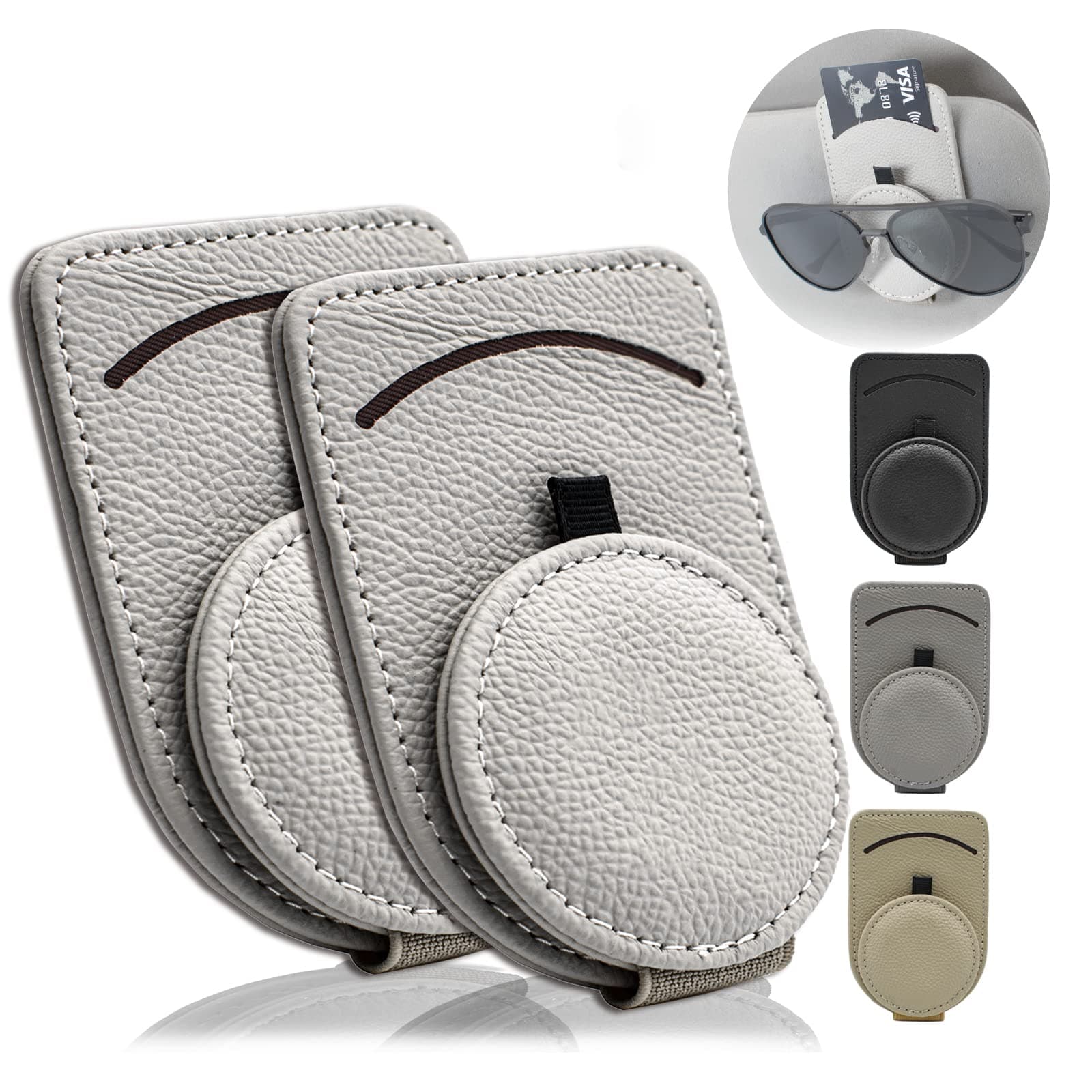 Sunglass Holder for Car Visor, Magnet Adsorbed Sunglasses Holder for Car Accessories Parts, Leather Car Sunglass Holder, Car Visor Sunglasses Clip for Glasses Cards (2PCS, Gray)