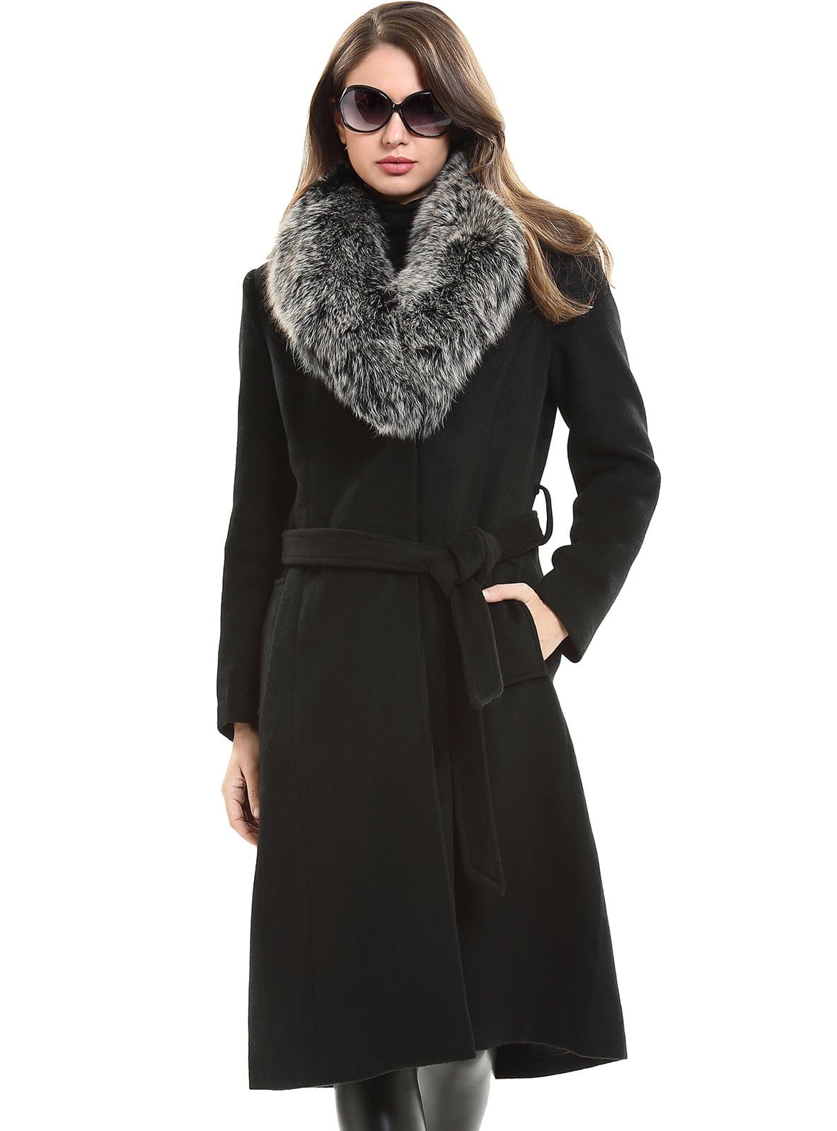 Escalier Women's Winter Trench Thicken Long Wool Coat Jacket with Belt Black US12