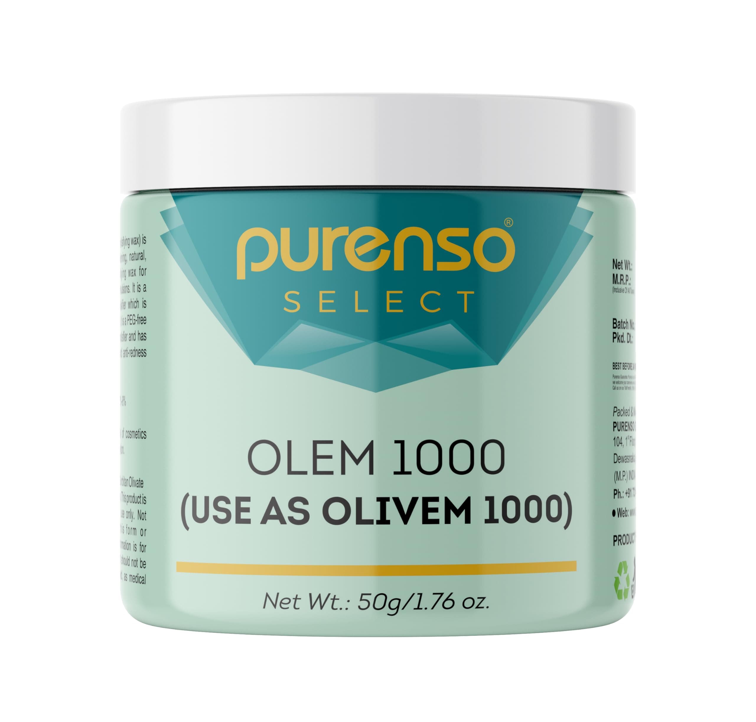 Purenso Select - Olivem 1000, 50g | 100% Natural Plant Derived | for Lotion, Cream Making & Cosmetic Formulation | Cosmetic Grade