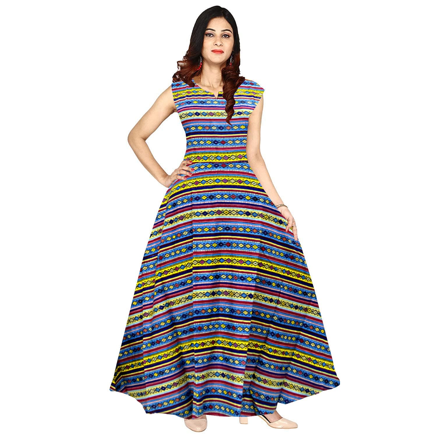 Jwf Women's Cotton Jaipuri Printed Maxi Dress (Multicolor_Fr_4924_Free Size)