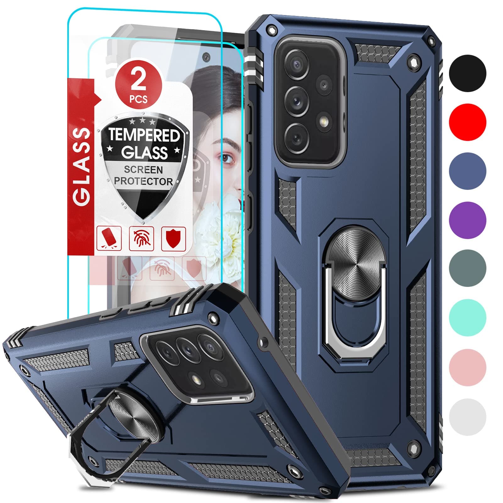 LeYi for Galaxy A52 5G Case, Samsung A52 Case with [2 Pack] Tempered Glass Screen Protectors, [Military-Grade] Ring Holder Kickstand Shockproof Phone Case for Samsung Galaxy A52 5G/A52S, Blue