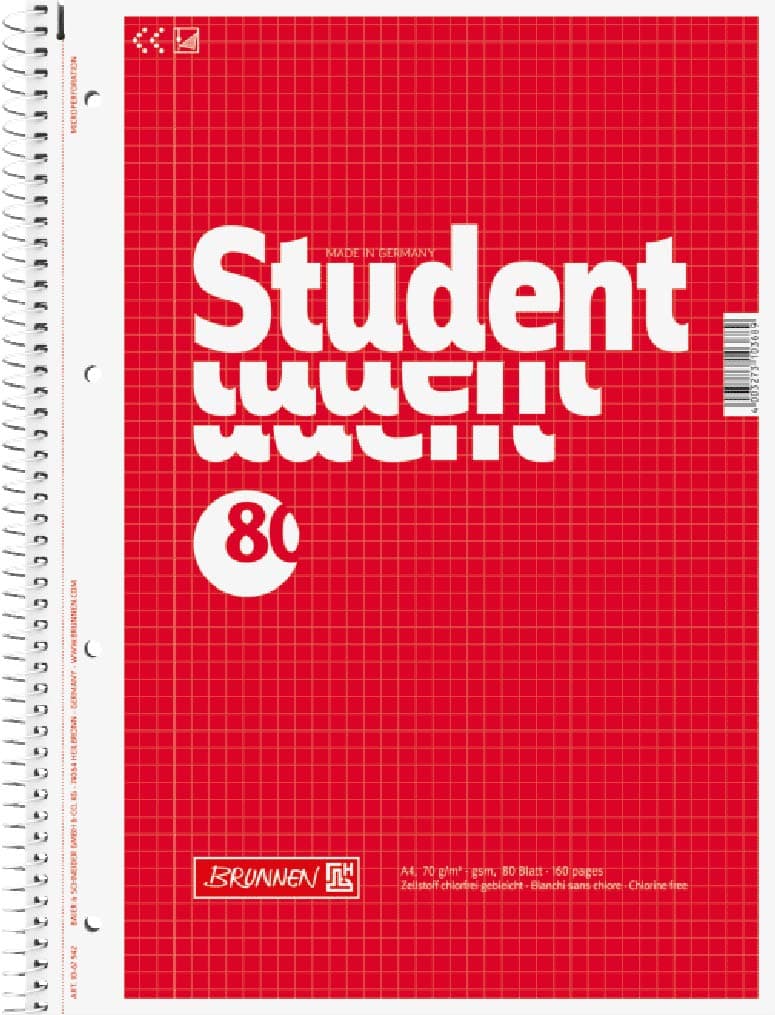 Brunnen Student Notepad Pad Spiral Bound – 4 fach, Squared 70 g/m² A4 5 mm Squares
