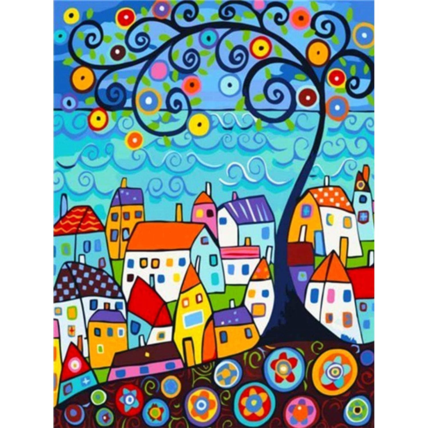 Huacan 5D Diamond Painting Kits for Adults Full Square Drill Flowers Town and Tree Crystal Rhinestone Embroidery Cross Stitch Arts Craft Home Wall Decor Room Sticker Gift 30x40cm/11.8x15.7in