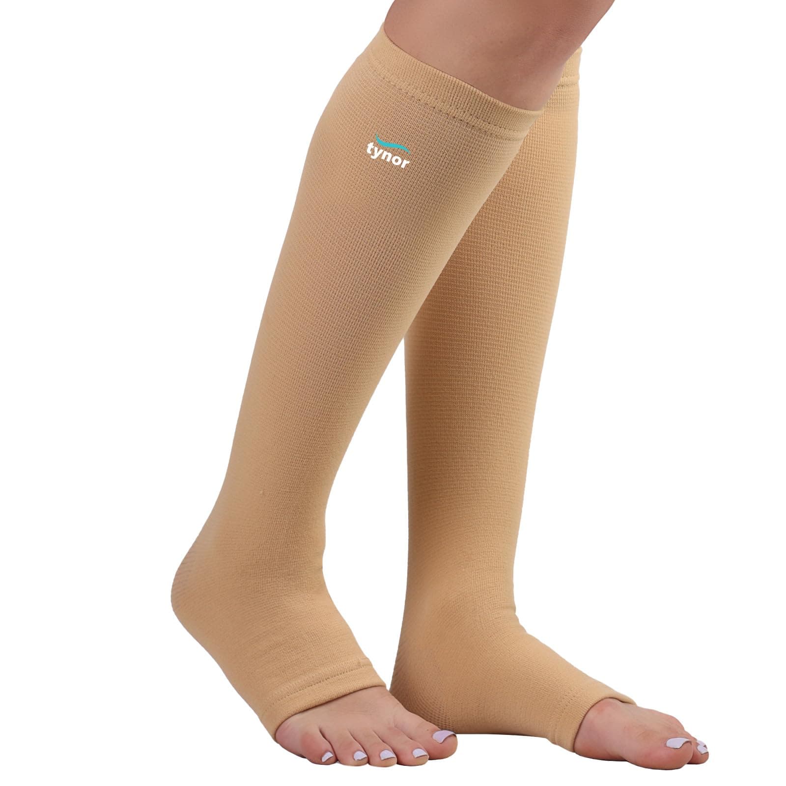 Compression Stockings for Men & Women 2 Pack Knee High Length Closed Heel Open Toe Compression Socks Circulation Leg Support for Shin Splints, Swelling, Athletic Running Cycling, Beige