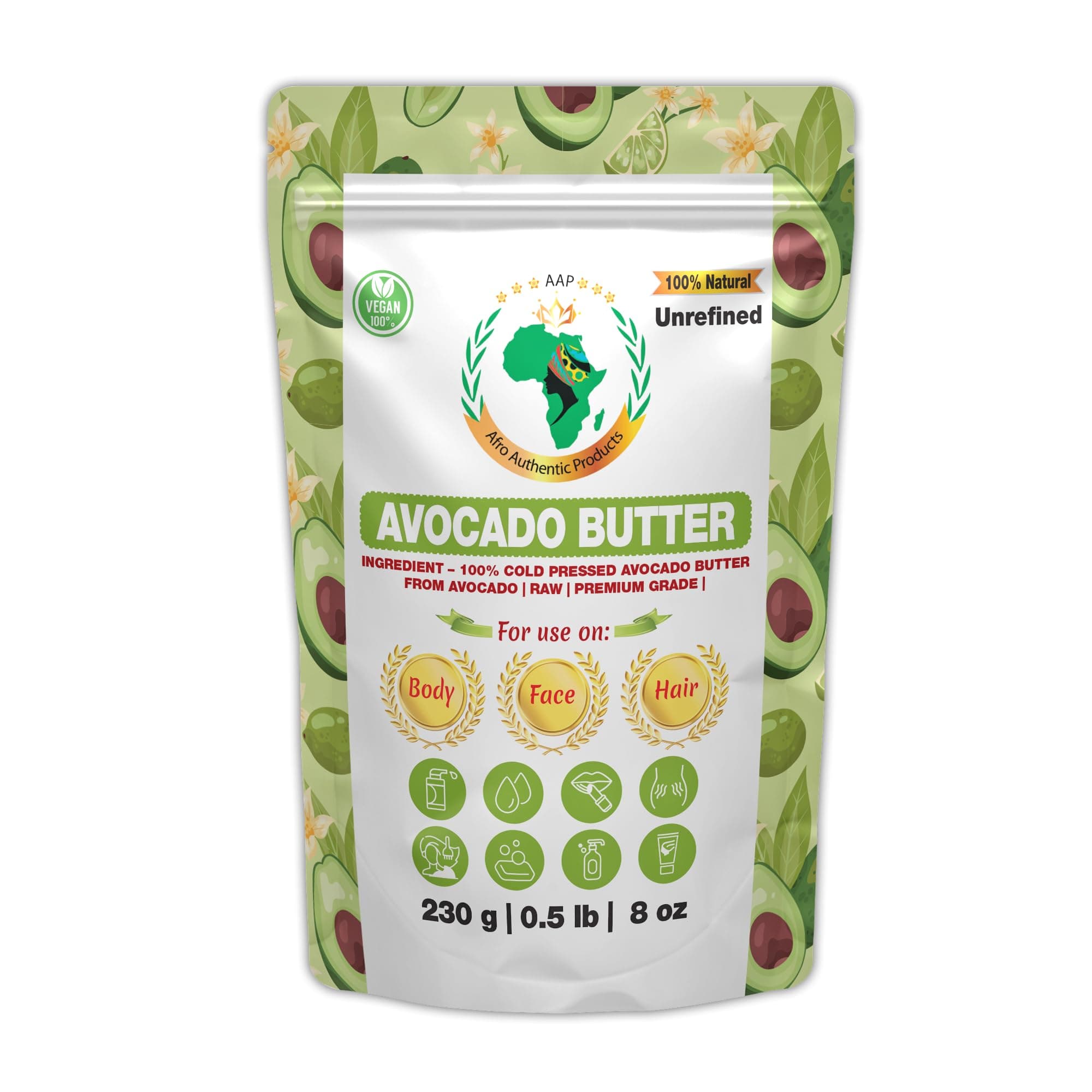 Authentic Raw Avocado Butter | Butter | For DIY Face, Body, Hands | Unrefined | 100% Pure| Organic from Africa | Resealable Bag | 230g