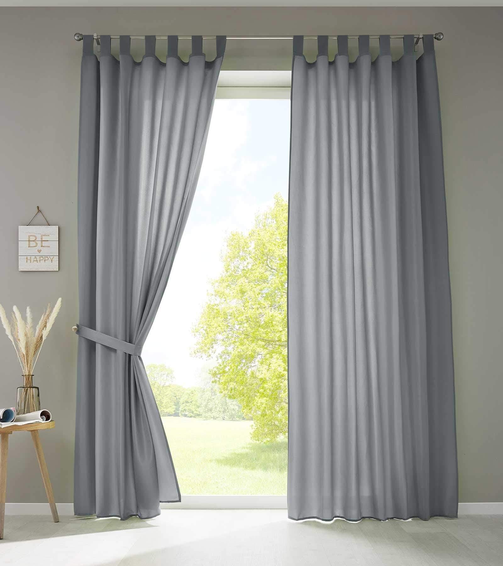 GardinenboxSet of 2 Curtains with Loops, Opaque, Microsatin, Translucent, Ruffle Tape, Plain Matt, 100% Polyester, Grey, H x W 225 x 140 cm