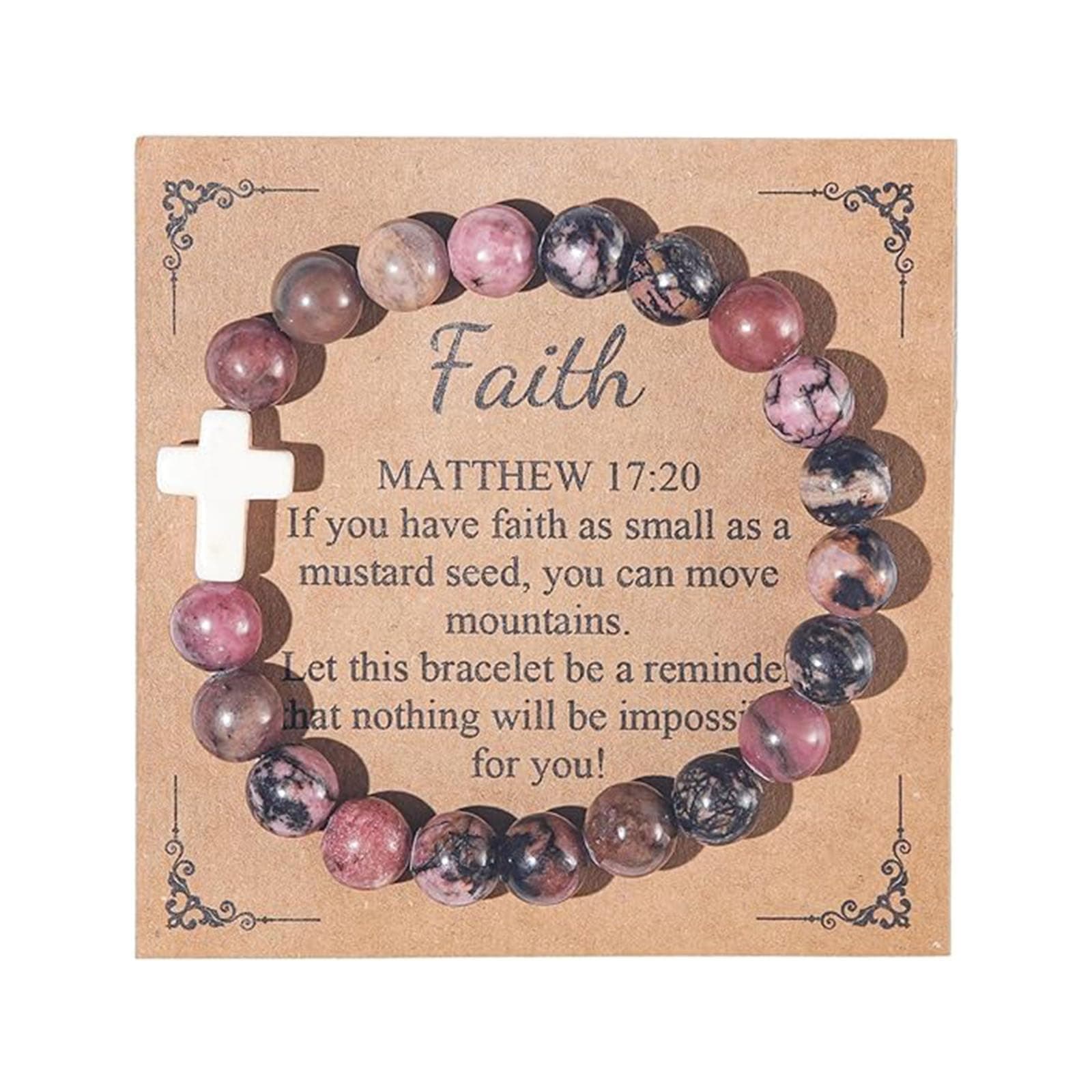 Handmade Natural Stone Beaded Cross Pendant Crucifix Religious Catholic Bracelet Faith Inspirational Elastic Rope Protection Pray Jewelry for Women