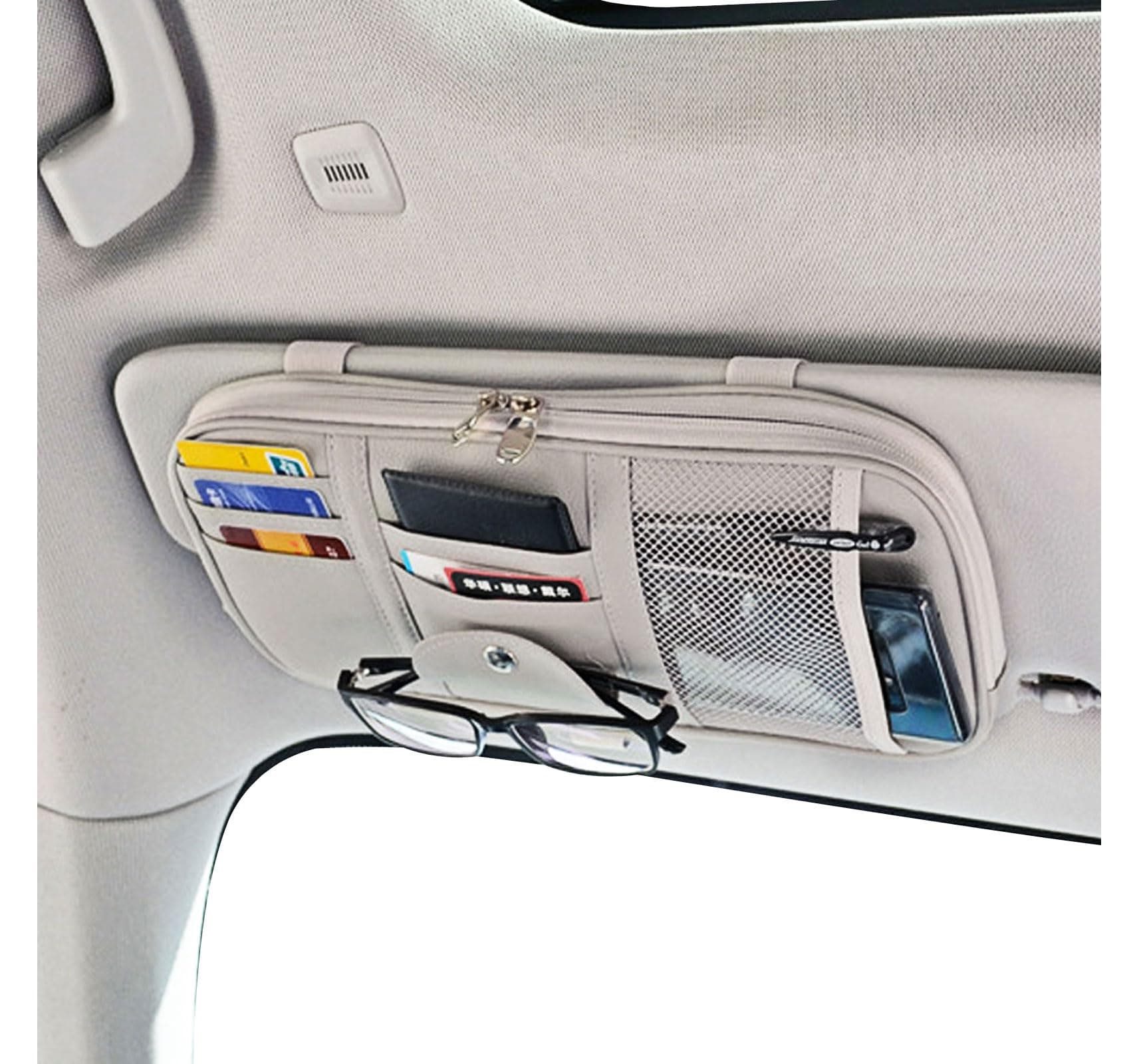 Da by Car Sun Visor Organizer, Multi-Pocket Visor Organizer Storage Pouch for Cars, SUVs & Trucks with Double Zippers, Elastic Bands & Glasses Clip - Organizes Essentials Keep Tidy (Cream Grey)