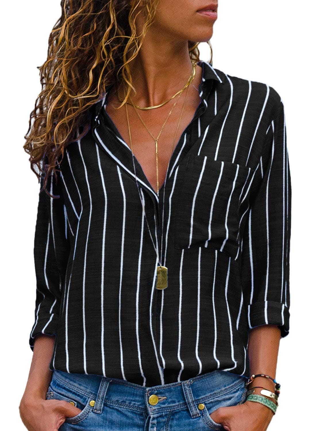 AitosuLa Women's Casual V Neck Stripe Chiffon Blouse Loose Button Down Long Sleeve Shirt Tunic Tops (Stripes Black White, S)
