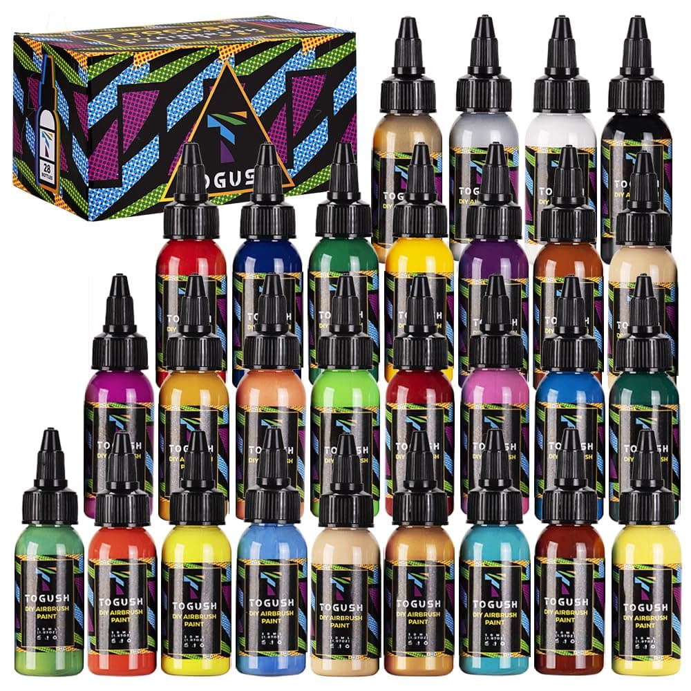 Airbrush Acrylic Paint Set 28 Colors, Non Toxic Water Based Paints 30ml, 1.07oz for Canvas, Glass, Wood, Rich Pigments for Beginners Artist Painter, Matte Quick Drying