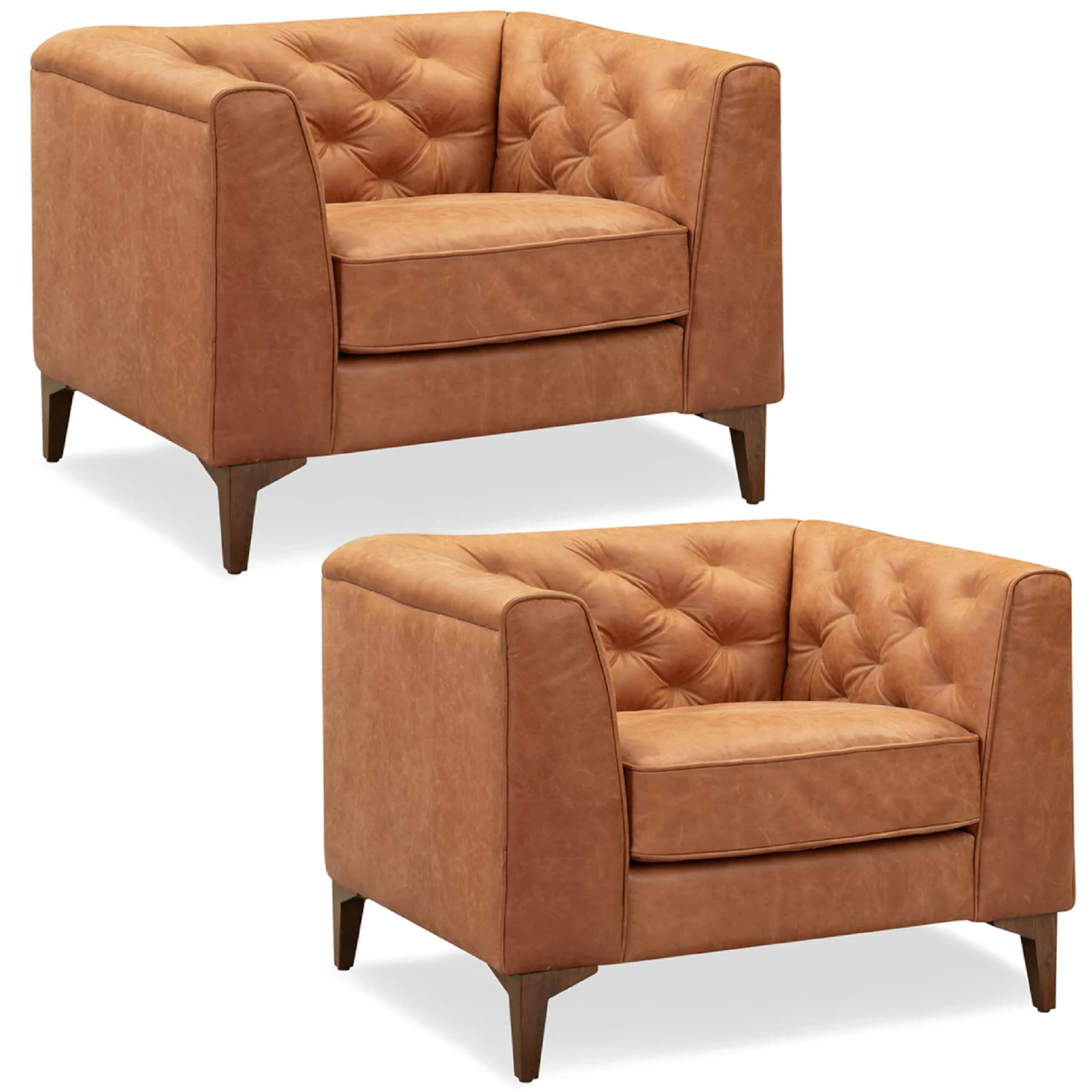 POLY & BARK Essex 40" Lounge Chairs Set of 2 – Cognac Tan Full-Grain Pure-Aniline or Semi-Aniline Italian Leather, Tufted Back & Arms, Feather-Down Cushions, Walnut Wood Legs