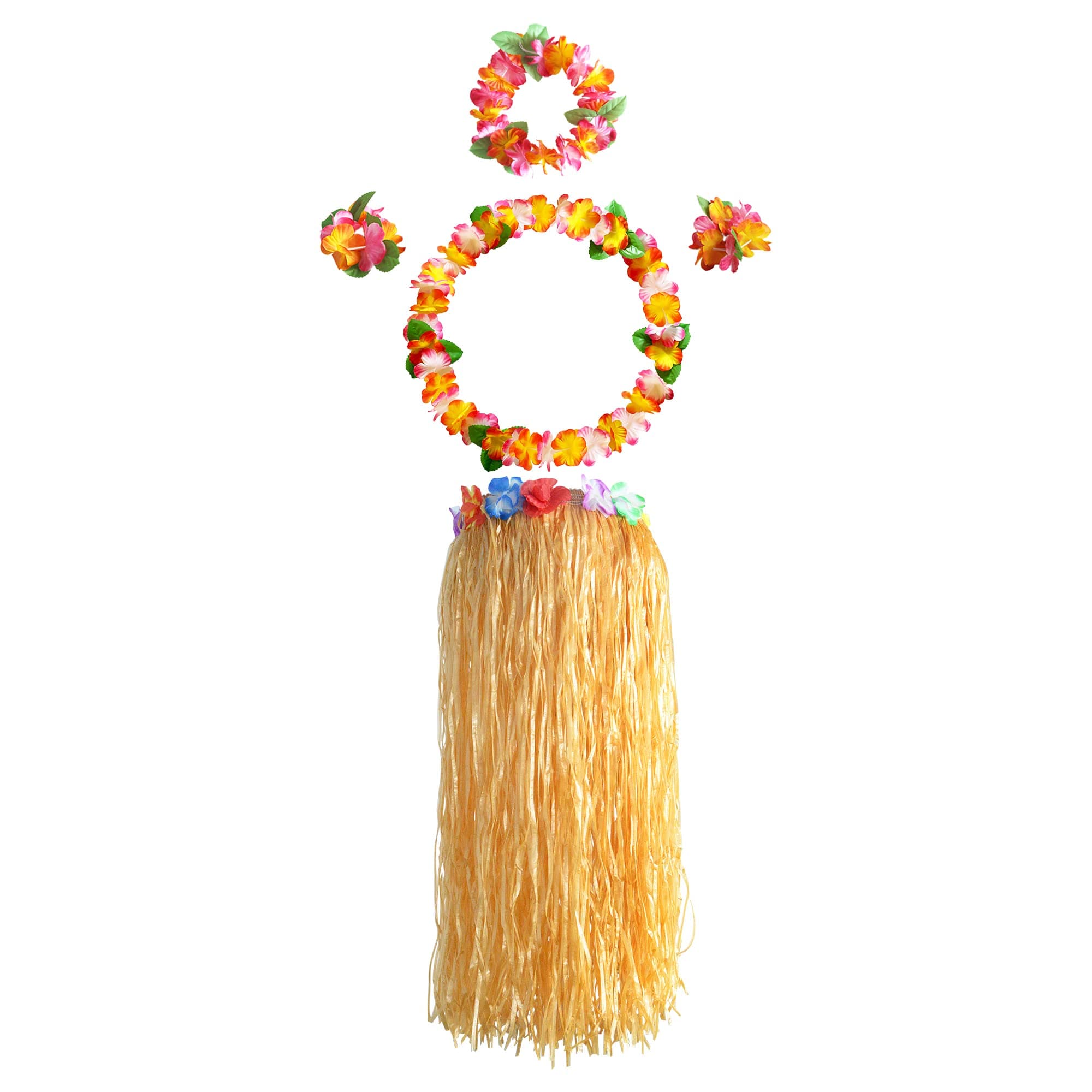 KEYIDOHawaiian Garlands Hula Grass Skirt Set for Adults, Includes Hawaiian Flower Necklace Bracelets Headband and 80 cm Grass Skirt, Tropical Luau Beach Hawaiian Fancy Dress Party Pack