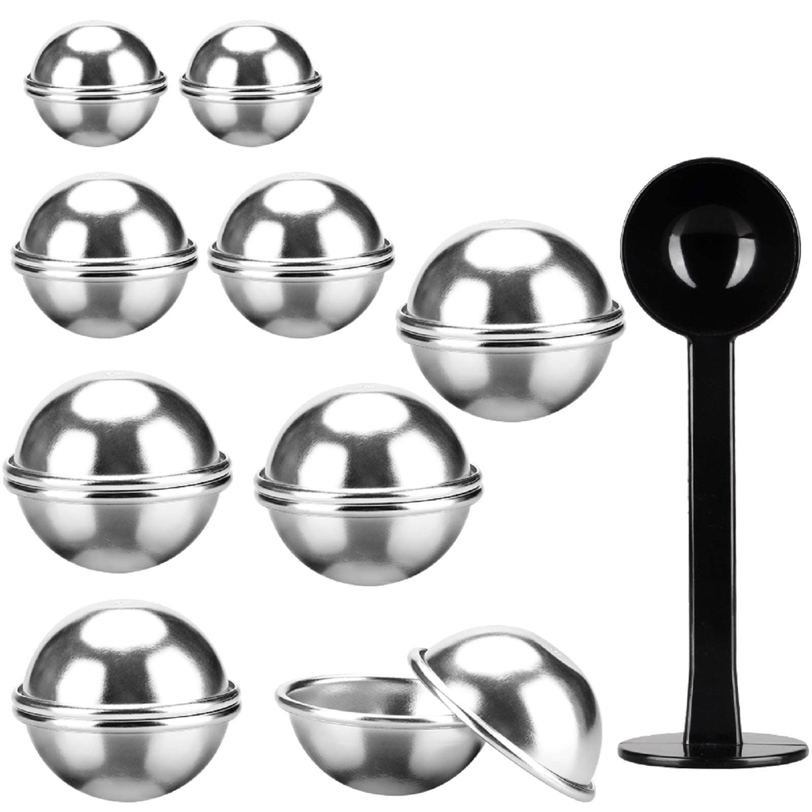 Metal Bath Bomb Molds,18x Aluminum Bath Bomb Mold Set (4X 1.9inch, 4X 2.2inch, 10x 2.6inch), 1x Powder Tamper, Bath Bomb Crafting Starter Kit Metal Set