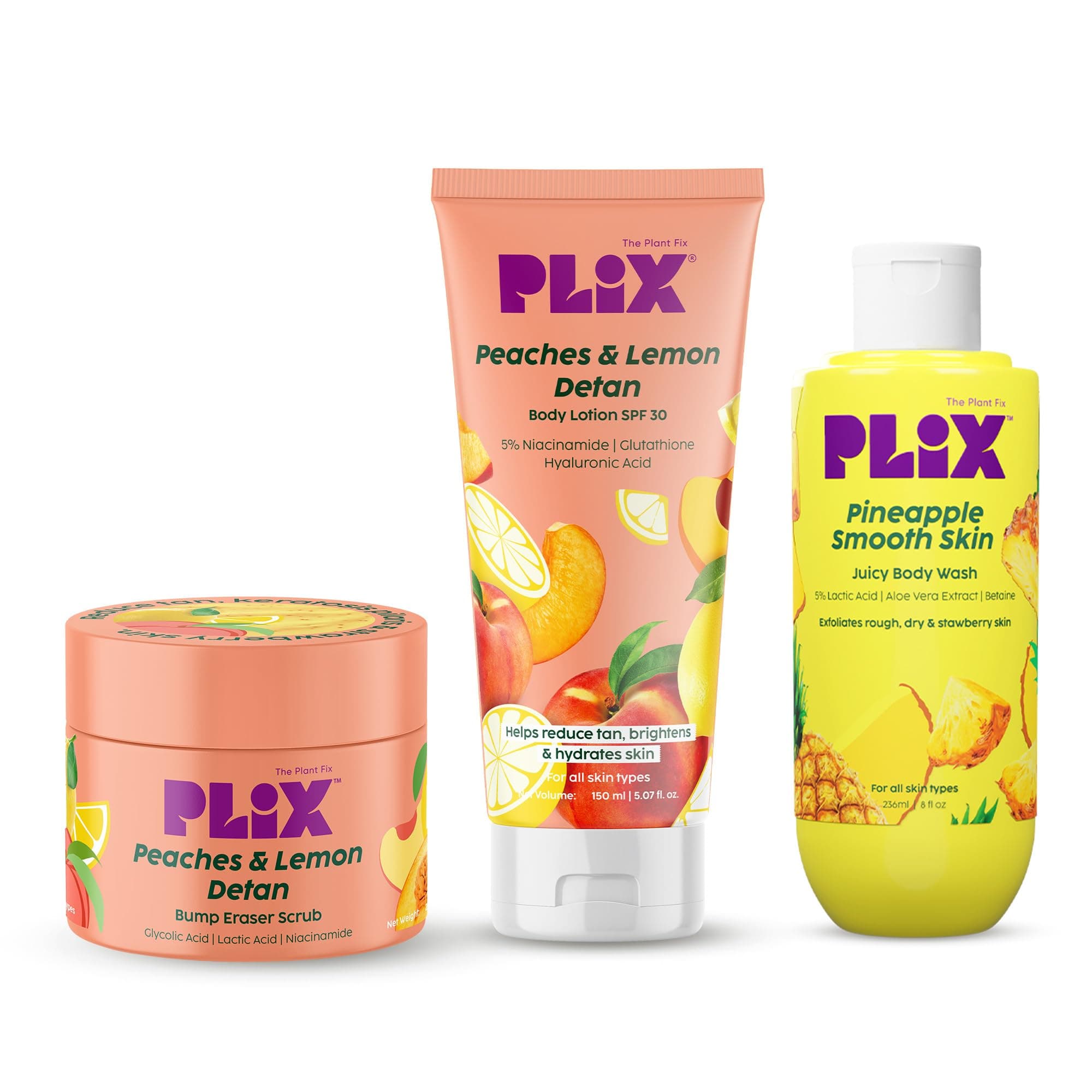 Peaches & Lemon Detan Bump Eraser Scrub (200g), Body Lotion SPF 30 (150ml), & Pineapple Smooth Skin Juicy Body Wash (236ml) | Removes Tan, & Smoothens Strawberry Skin