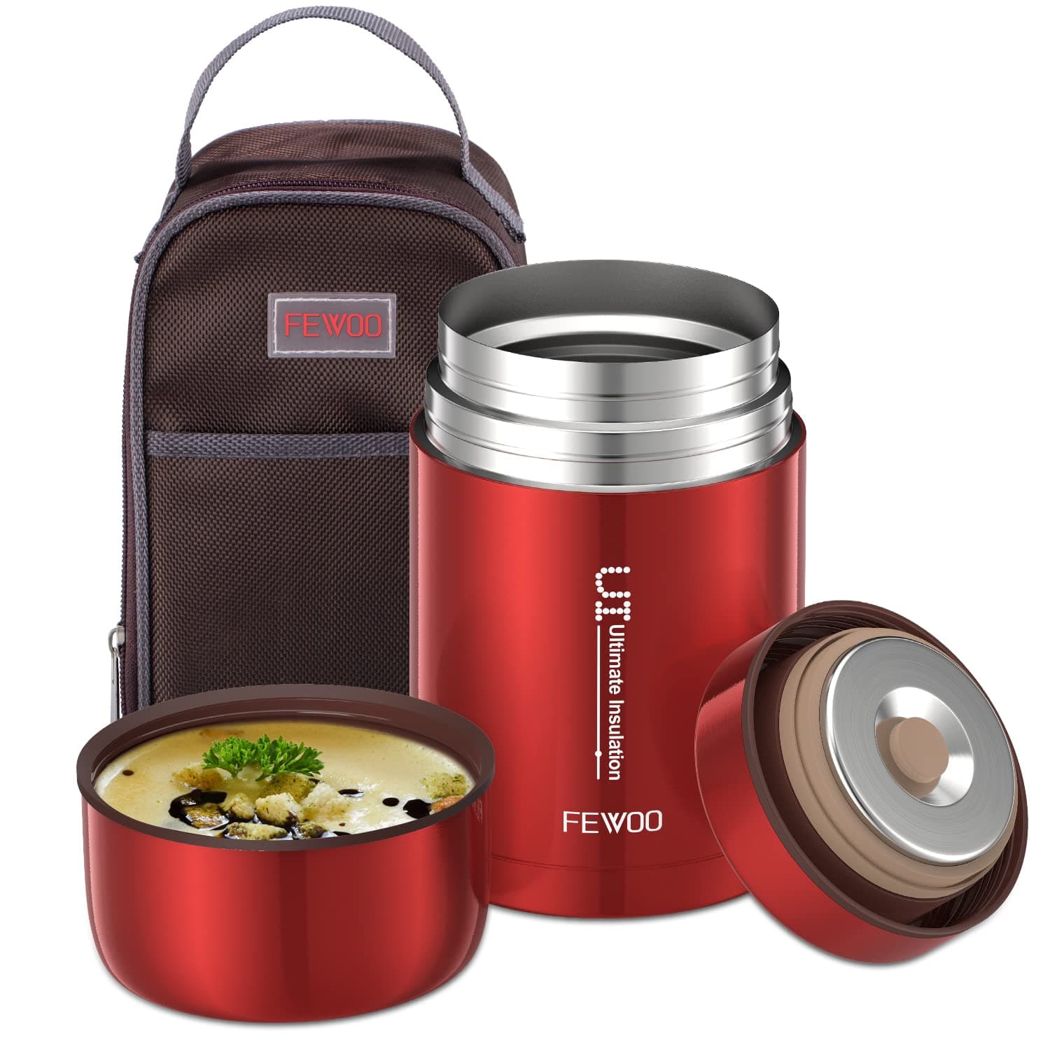 FEWOO Food Jar - 27oz Vacuum Insulated Stainless Steel Lunch box, Leak Proof Soup Containers with bag for Hot or Cold Food (Red)