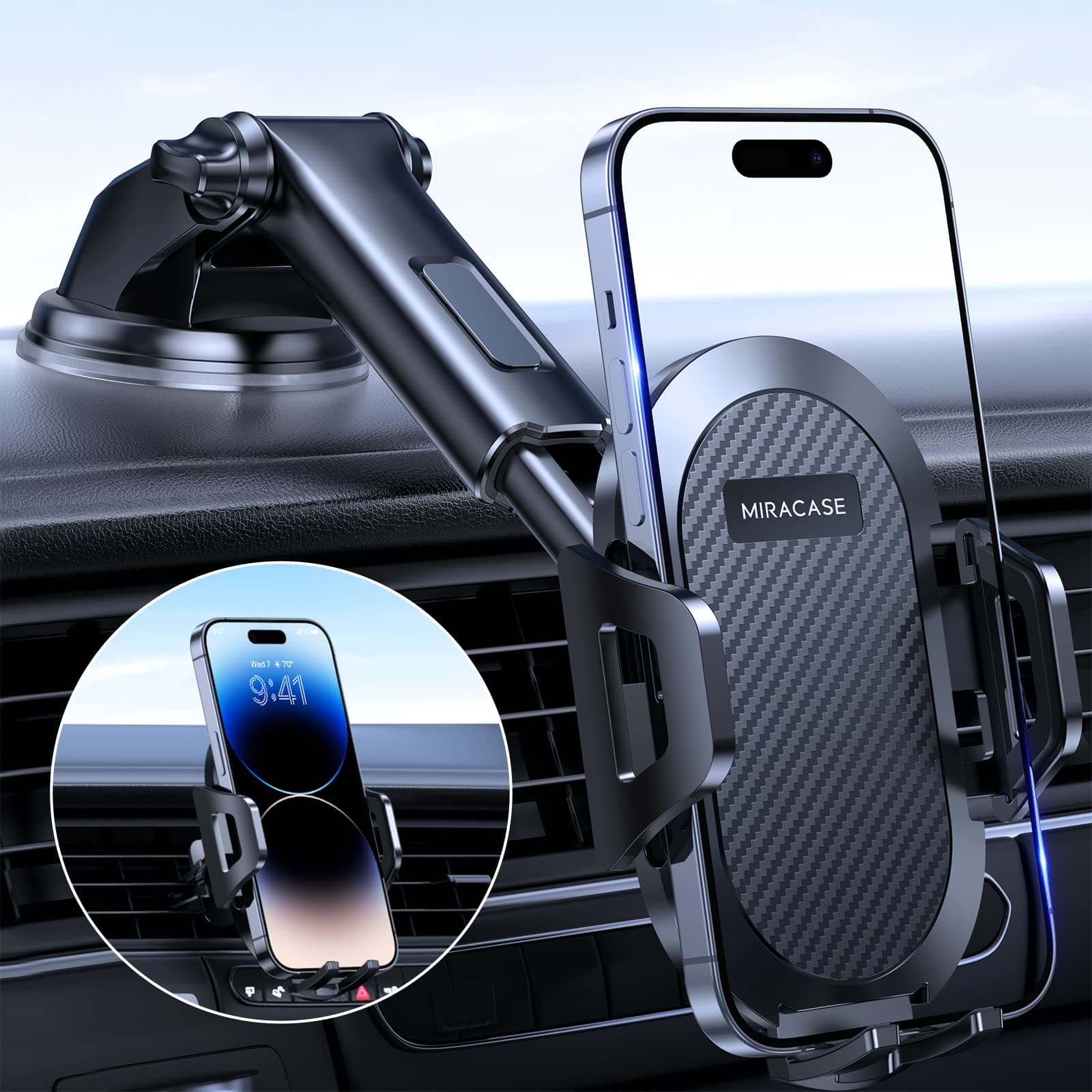 Miracase 【2023 New Generation】Car Phone Holder, Long Arm Phone Holder Car for Dashboard Windshield Air Vent【Heat-Resistant Strong Suction Cup】Car Mobile Holder Compatible with All Smartphones