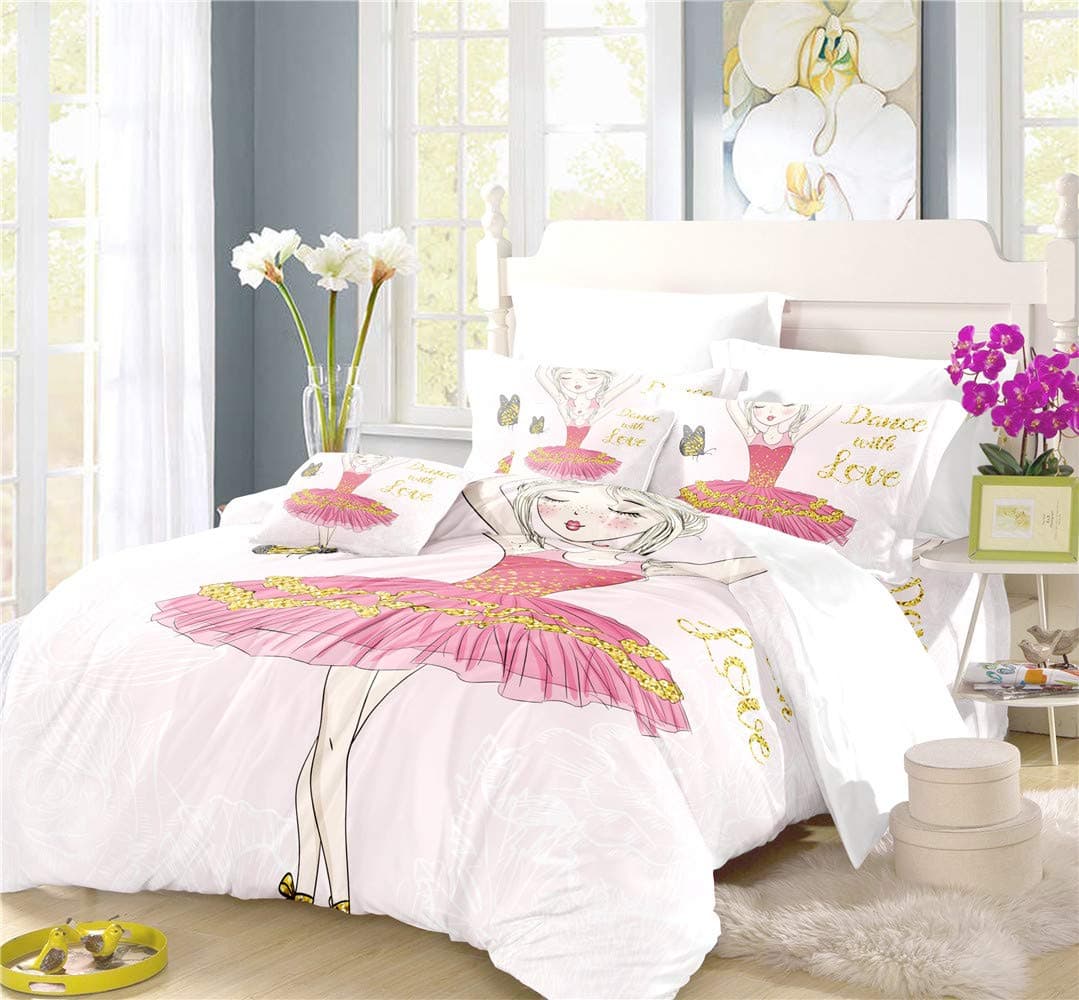 RIXI Girl Duvet Cover Set The Pink Princess Ballerina Bedding Sets,for Boy/Girl Bedroom,Duvet Cover with 2 Pillowcases(3PCS) or Sheet(4PCS),Twin/Full/Queen/King Size (03,Full(4pcs))
