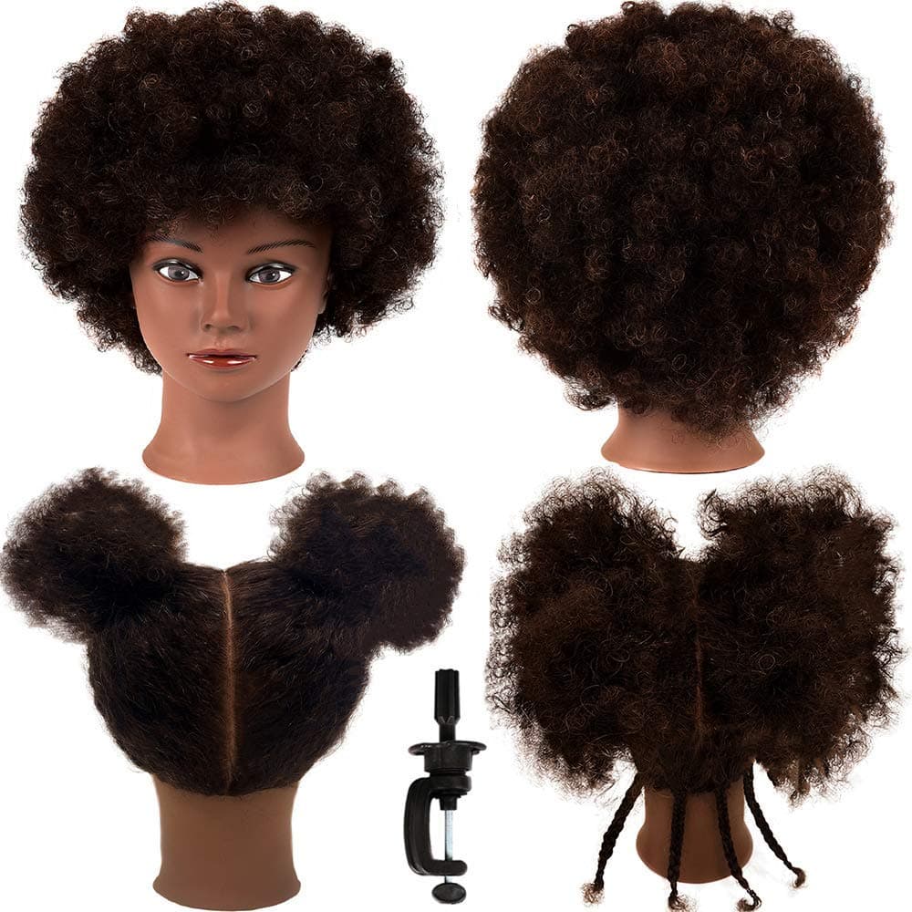 MORRIS 10” Human Hair Training Afro Mannequin Head – Short Curly Hair for Beginners to Practice Braiding, Cutting, Styling – Includes Clamp