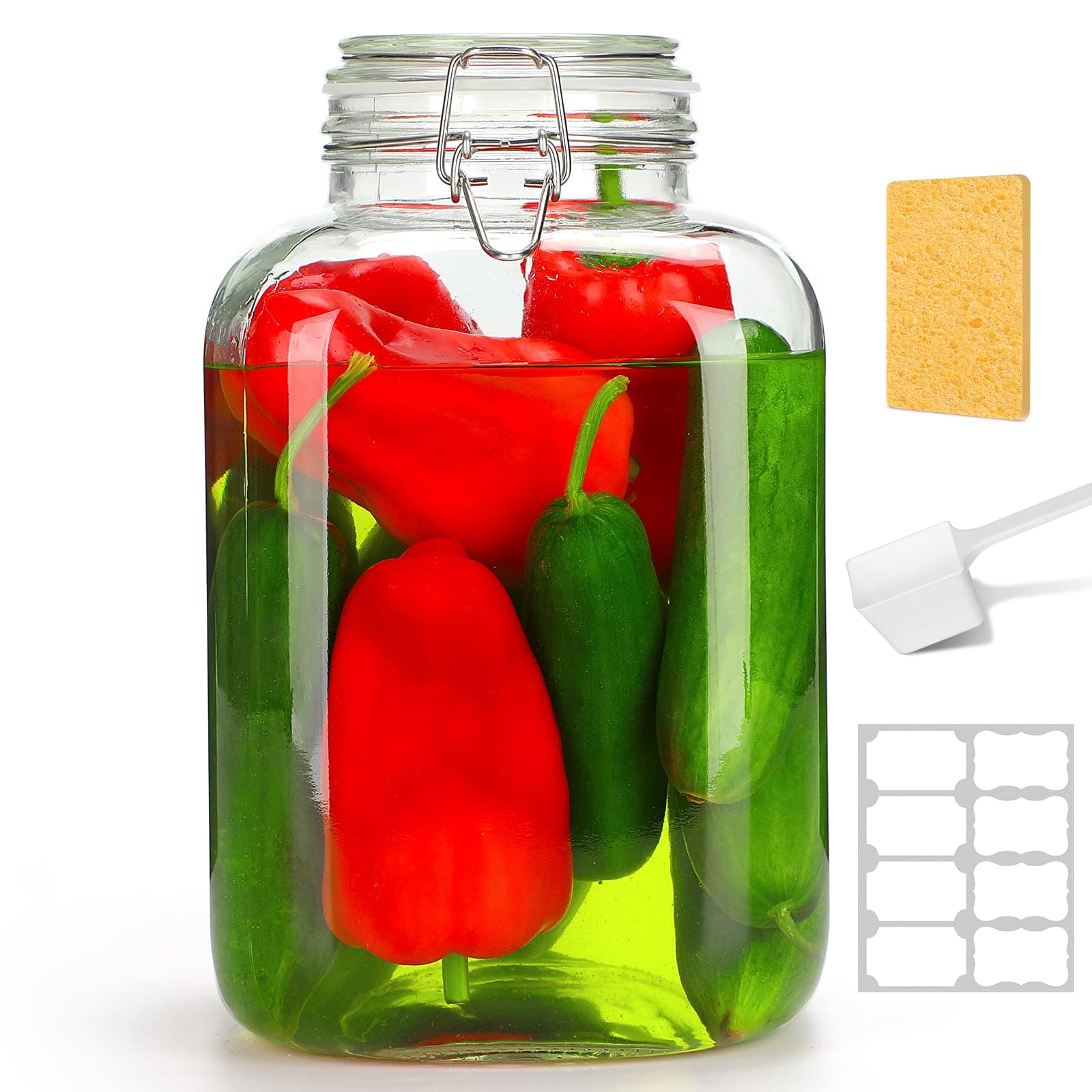 Large Glass Jar with Airtight Lid, 1 Gallon Wide Mouth Storage Jars with Hinged, 128oz Square Mason Jar for Canning, Fermenting, Preserving, Food Storage Containers for Flour, Pasta, Sugar