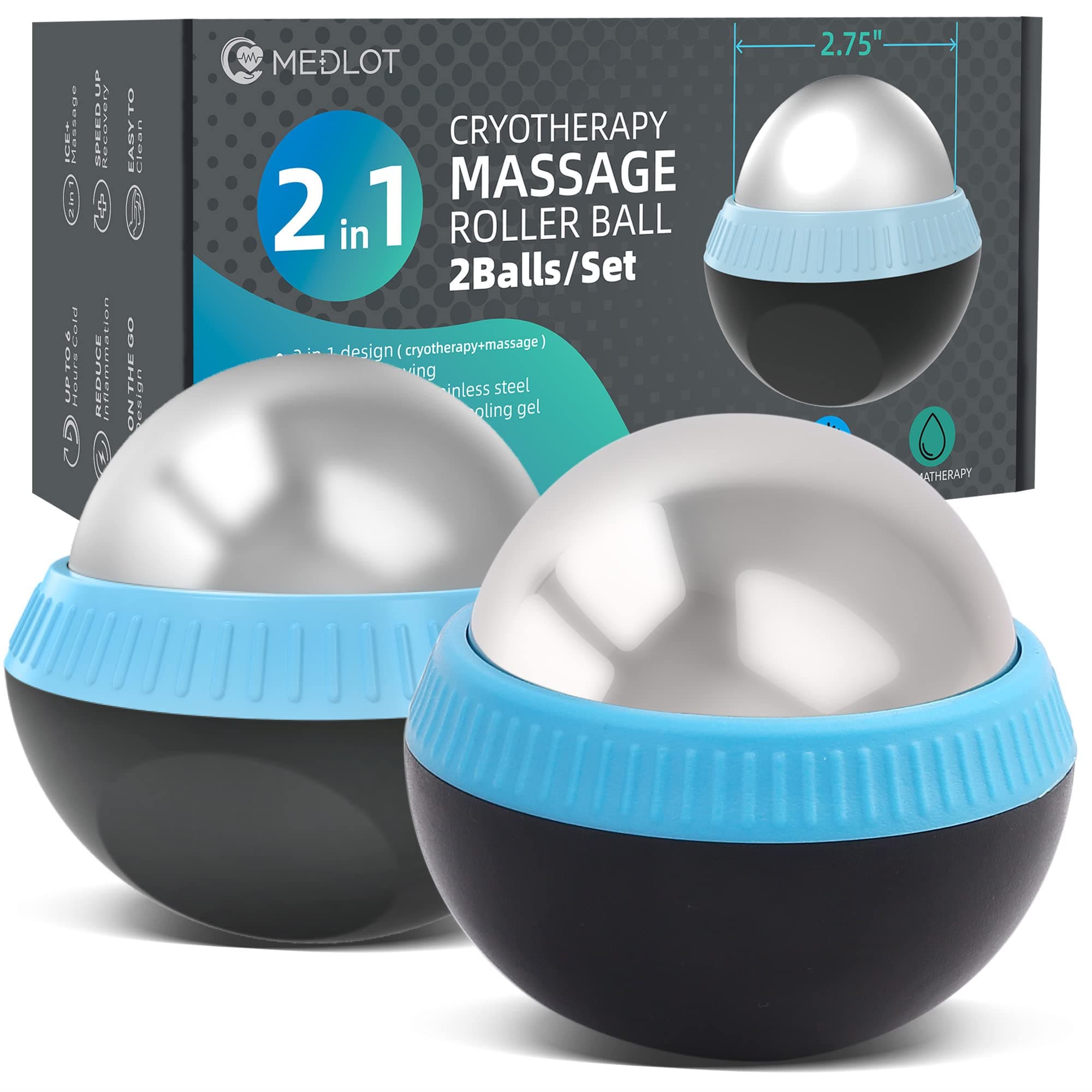 Cold Massage Roller Ball, Set of 2, Cryosphere Ice Therapy Ball for Body Muscle Relief, Roller Massager for Back, Neck, Deep Tissue, Foot Plantar Fasciitis, Myofascial Release