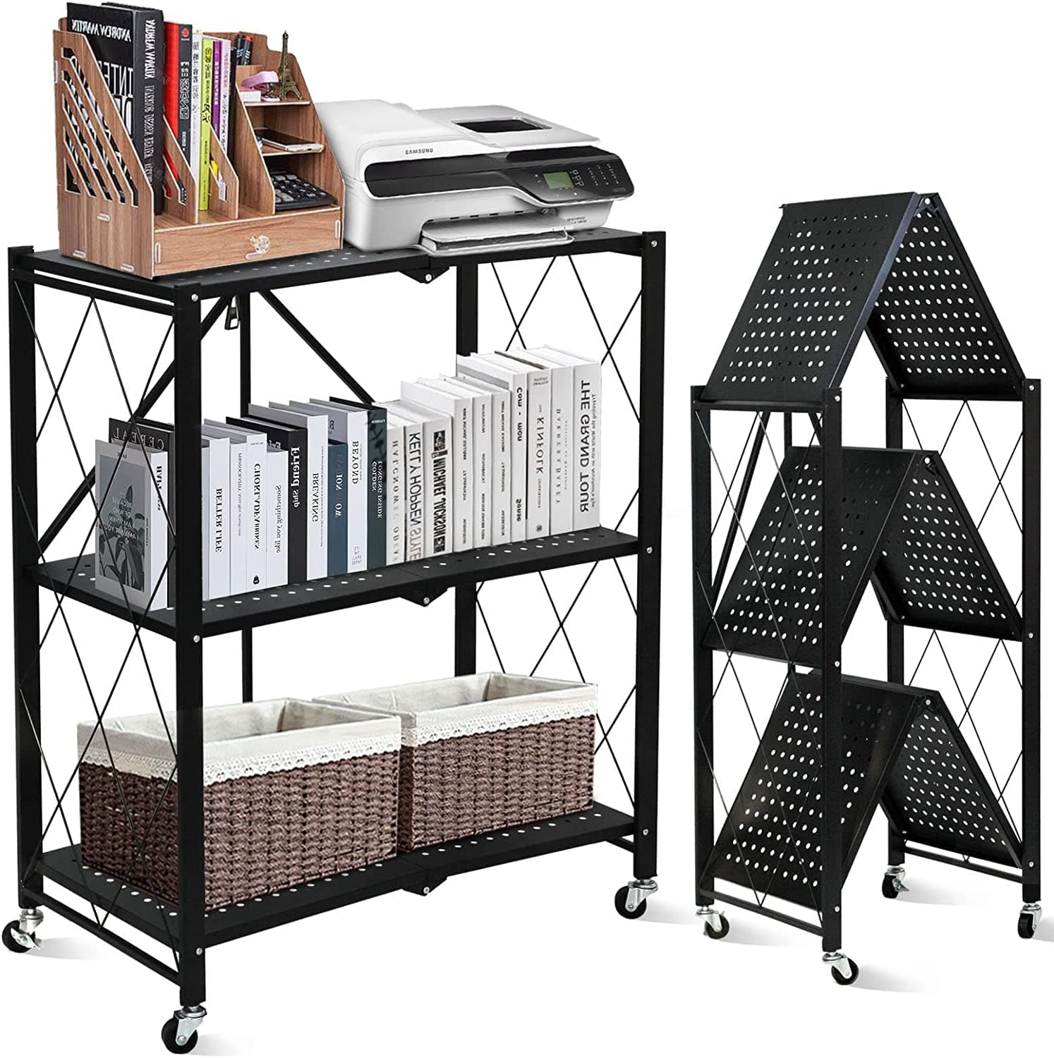 Home Brand Foldable Storage Shelving Unit 3 Tier, Storage Shelves Kitchen Cabinet Storage Rack with Caster Wheels, Multi-Shelf Shelves for Living Room Bedroom Kitchen, Black 70x34x87cm
