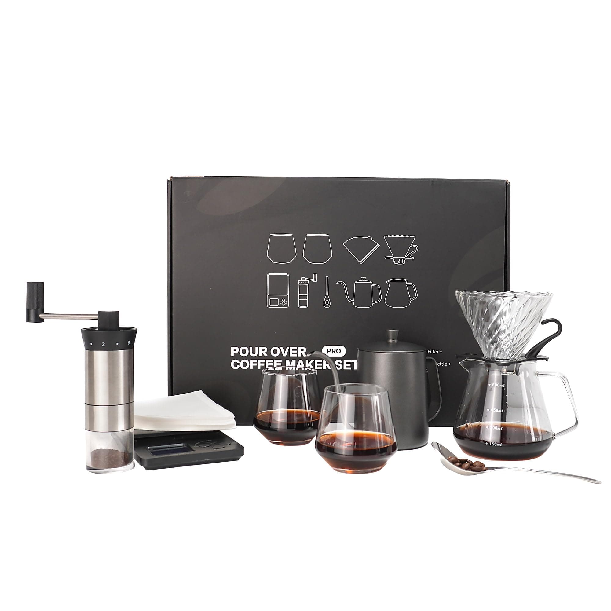 SuperCook Hand Drip Pour Over Coffee Set, All in One Includes Gooseneck Kettle, V60 Glass Dripper, Paper Filter, Cups, Manual Grinder, Scale, Ideal for Anniversary Birthday Gift