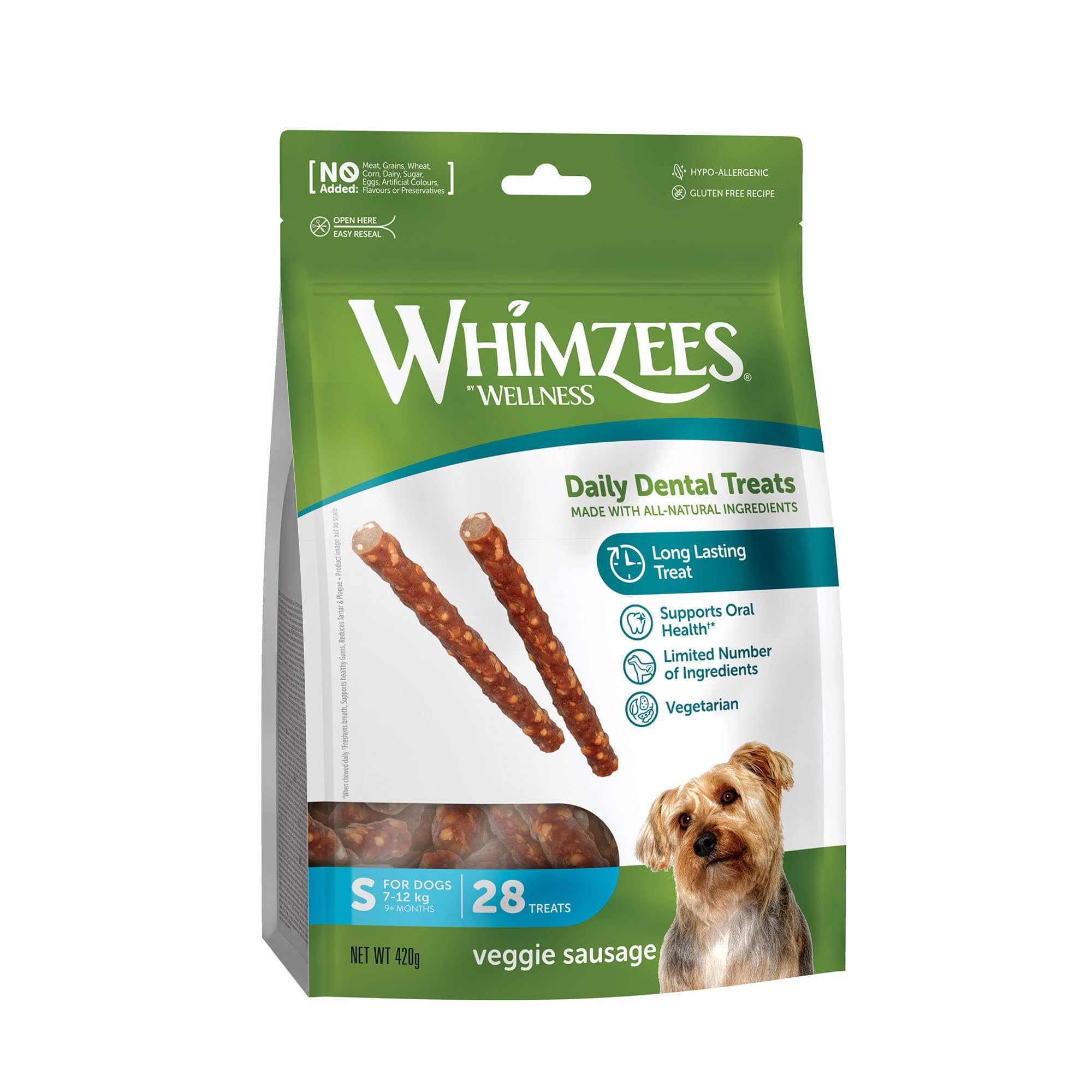 Natural Grain Free Dental Dog Treats, Veggie SaUSage, 24 + 4 Pieces (360 G + 60 G)