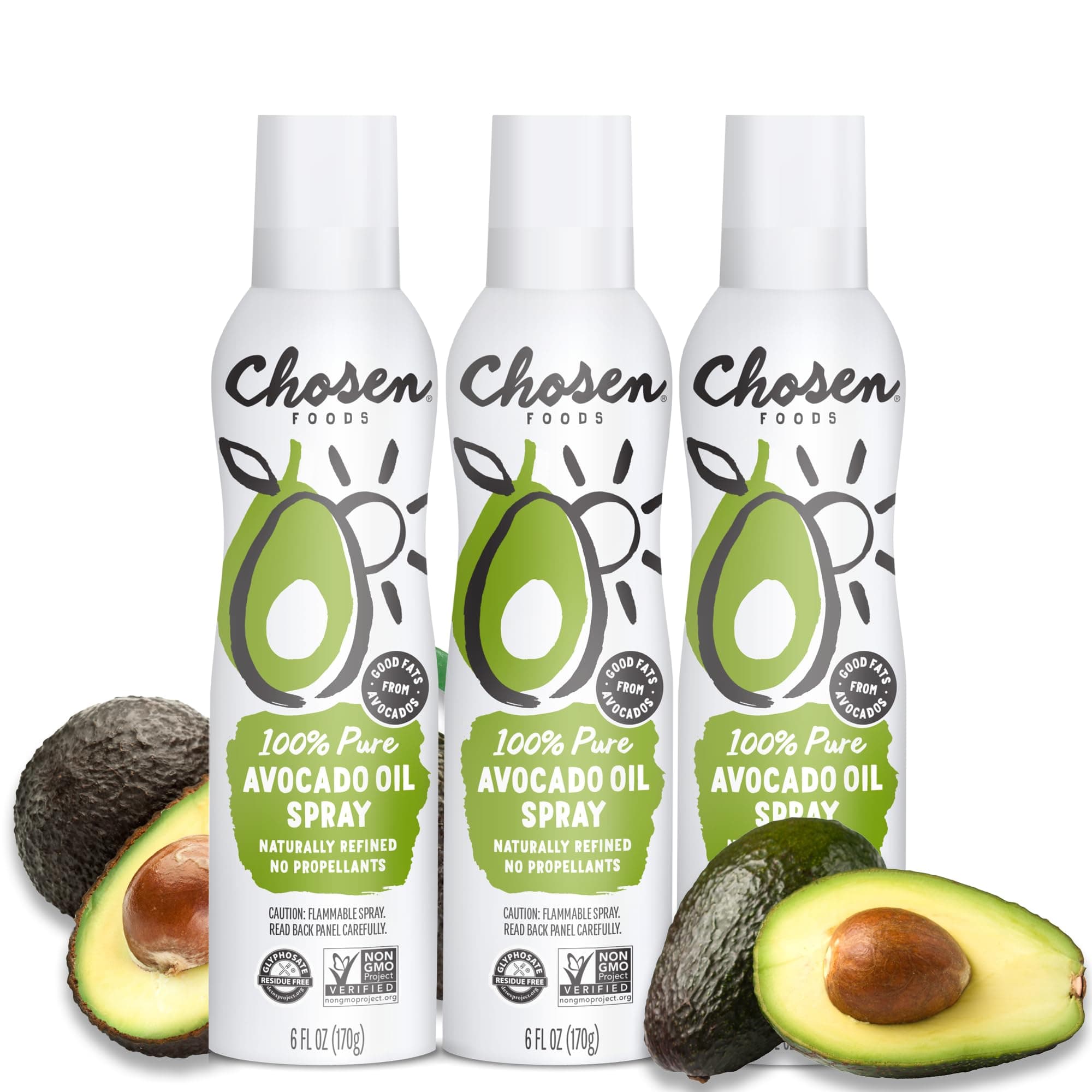 Chosen Foods 100% Pure Avocado Oil Spray, Keto Diet Friendly, Kosher Cooking Spray for Baking, High-Heat Cooking and Frying (6 oz, 3 Pack)