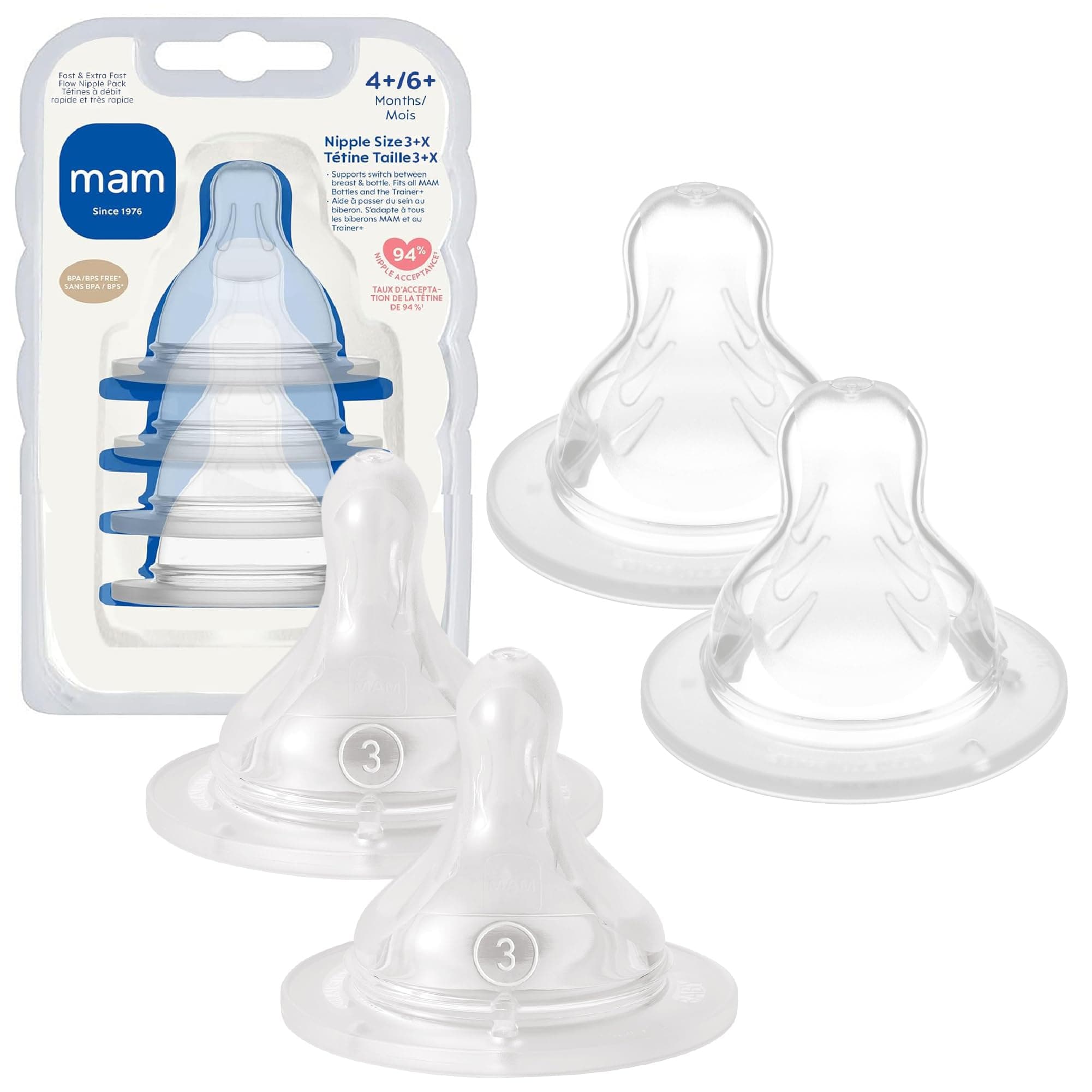 MAM Bottle Mixed Flow Pack - Fast Flow Level 3 and Extra Fast Flow Level 4, for Newborns and Older, SkinSoft Silicone for Baby Bottles, Fits All MAM Bottles, 4 Pack