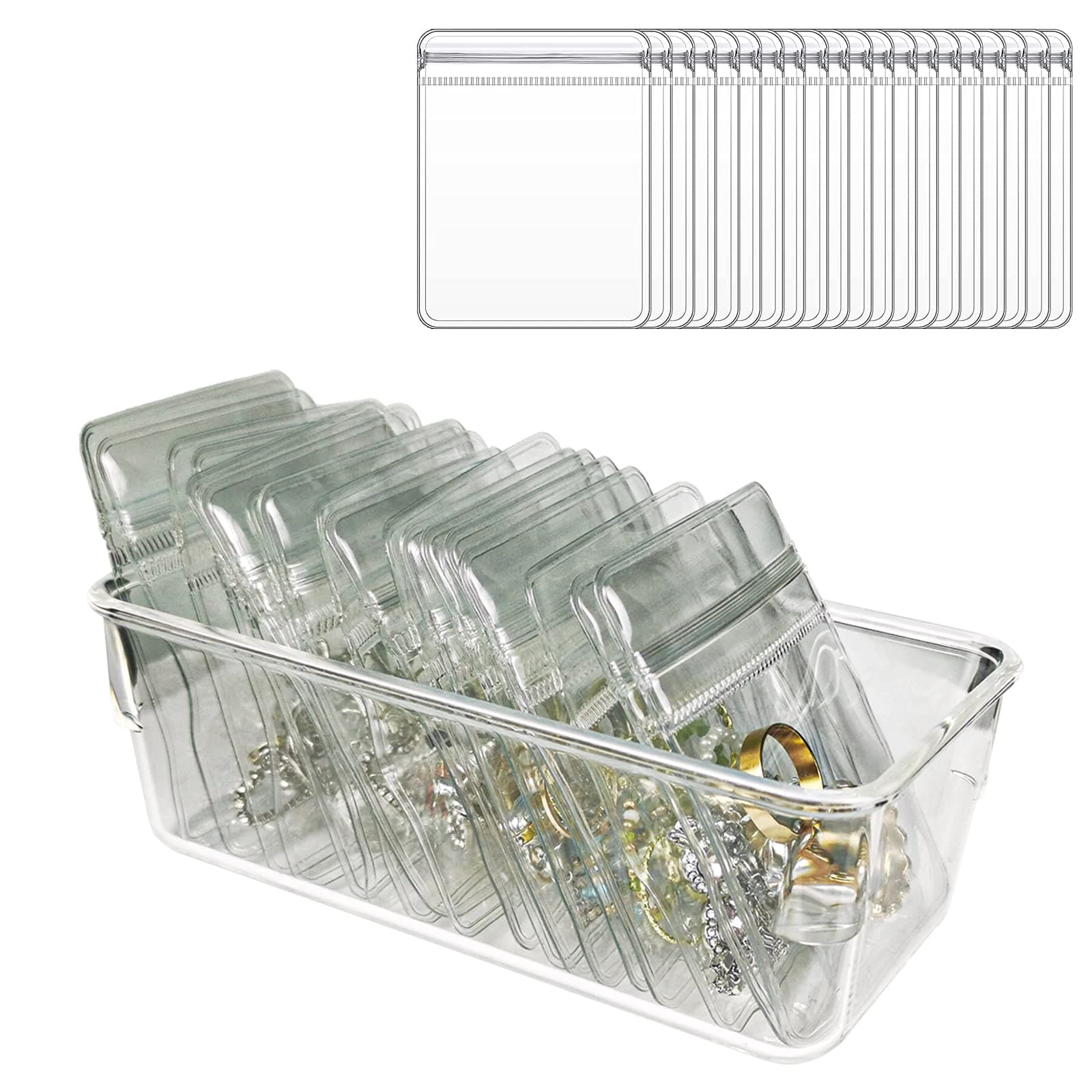 ZEYDURLZEYDURL Jewelry Organizers for Women, Clear Acrylic Drawer Organizer Box with 15 Middle Bags for Necklace, Ring, Screw Individually Packaged, Easy to Carry