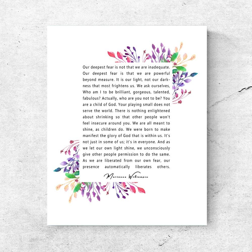 Marianne Williamson Deepest Fear Quote Wall Art Print - Perfect for Office and Home Decor Inspirational and Motivational Quote Wall Art Poster 8x10 InchesNo Frame