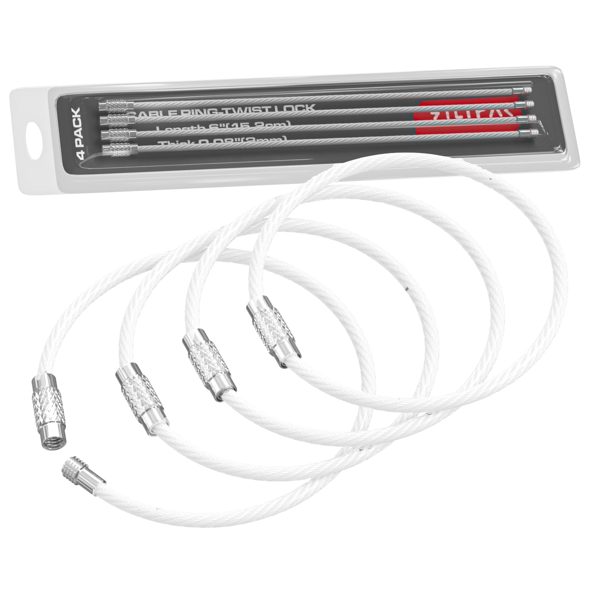 Silipac Stainless Steel Wire Keychain Cable, Twist-Lock 6.3" (16 cm) 2mm – Car Keyring, Luggage Tag, Carabiner – 4 Pack