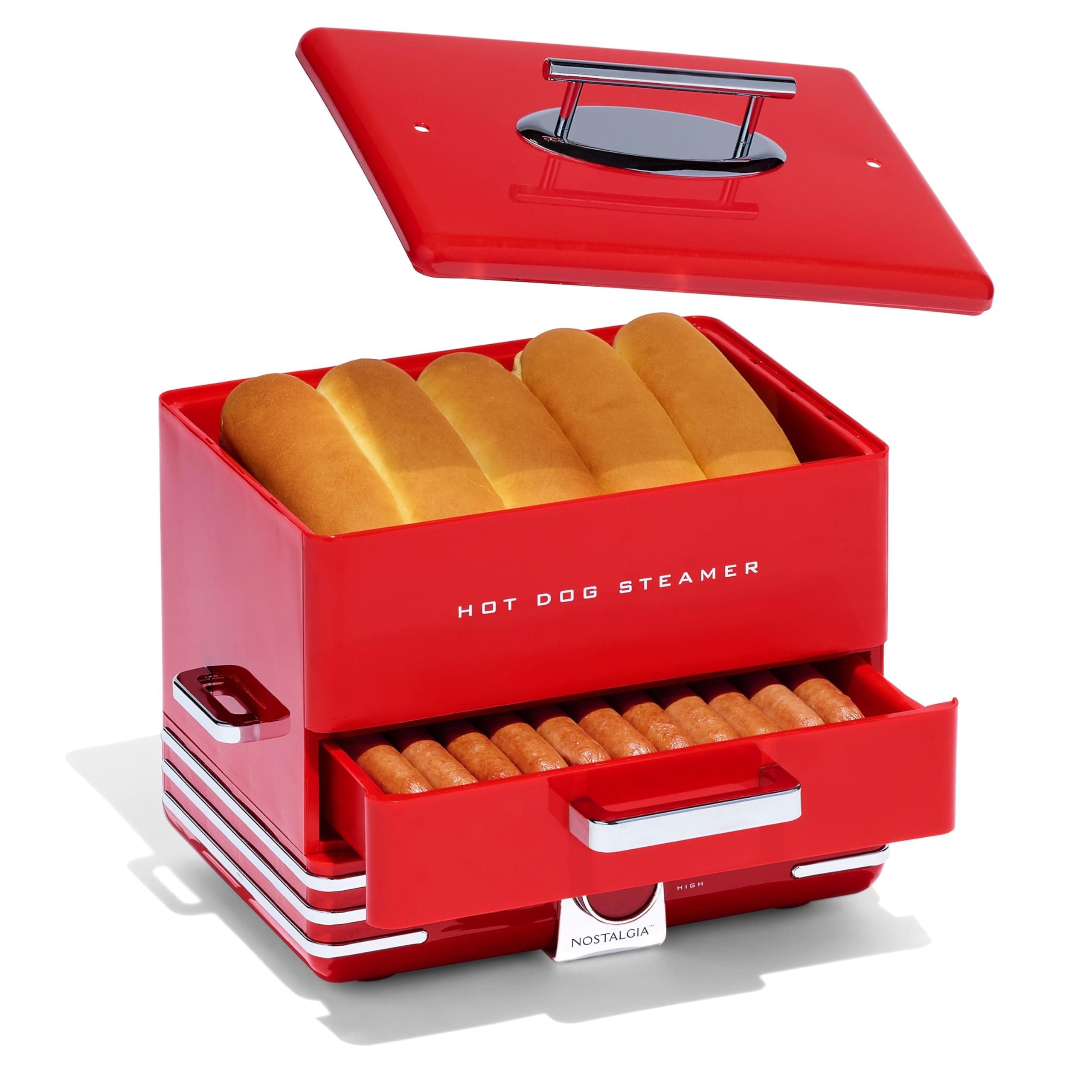 Nostalgia Extra Large Diner-Style Steamer 20 Hot Dogs and 6 Bun Capacity, Perfect for Breakfast Sausages, Brats, Vegetables, Fish