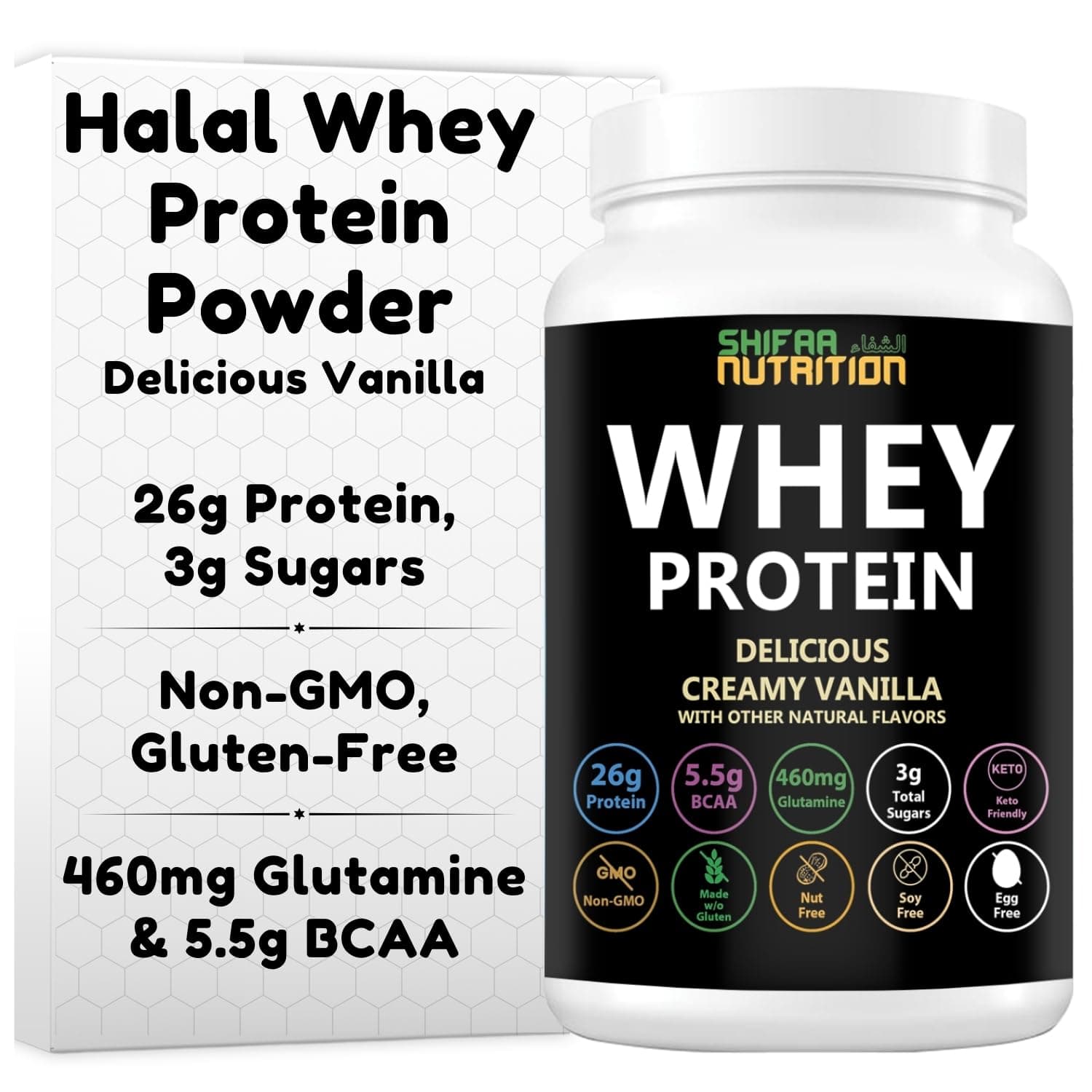SHIFAA NUTRITION Delicious Creamy Vanilla Halal Whey Protein Powder 2Lbs | 26g Protein, 5500mg BCAAs, and 460mg Glutamine | for Recovery & Lean Muscles | Gluten-Free | Non-GMO | Keto-Friendly |