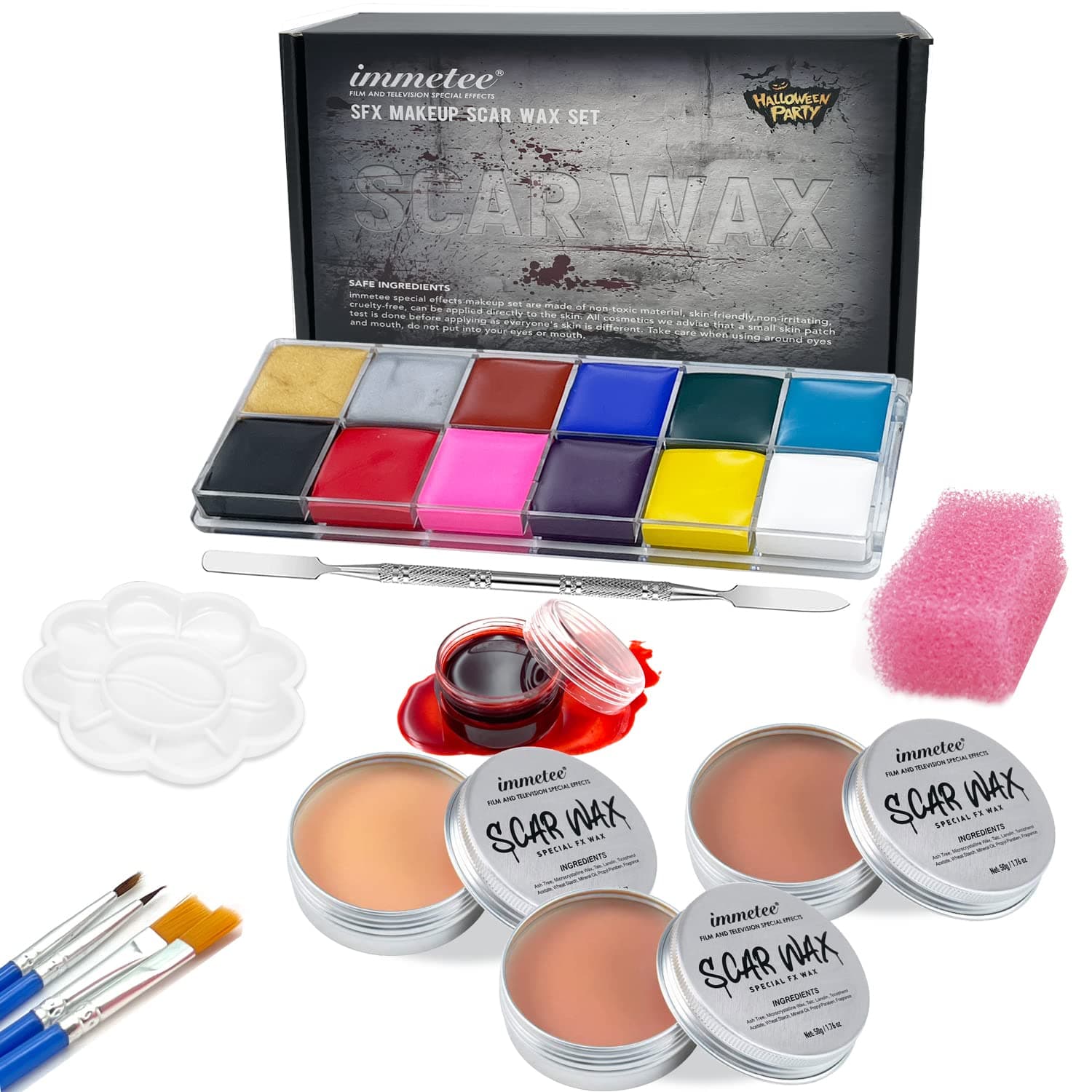 SFX Makeup Kit, Halloween Special Effect Face Body Paint Stage Makeup, Face Paint Palette+3 Scar Wax+1 Fake Blood+4 Paint Brushes+1 Paint Spatula+1 Face Paint Sponge+1 Paint Palette.