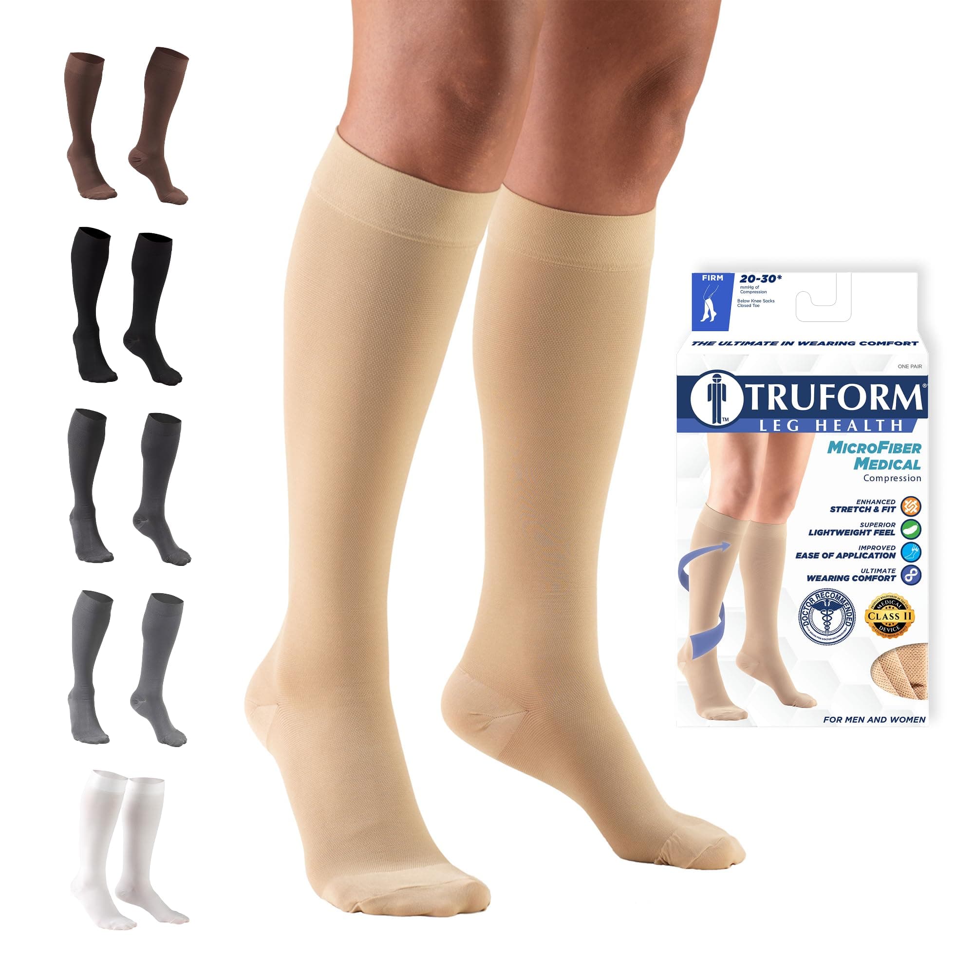 Truform 20-30 mmHg Compression Stockings for Men and Women, Knee High Length, Closed Toe, Beige, Medium