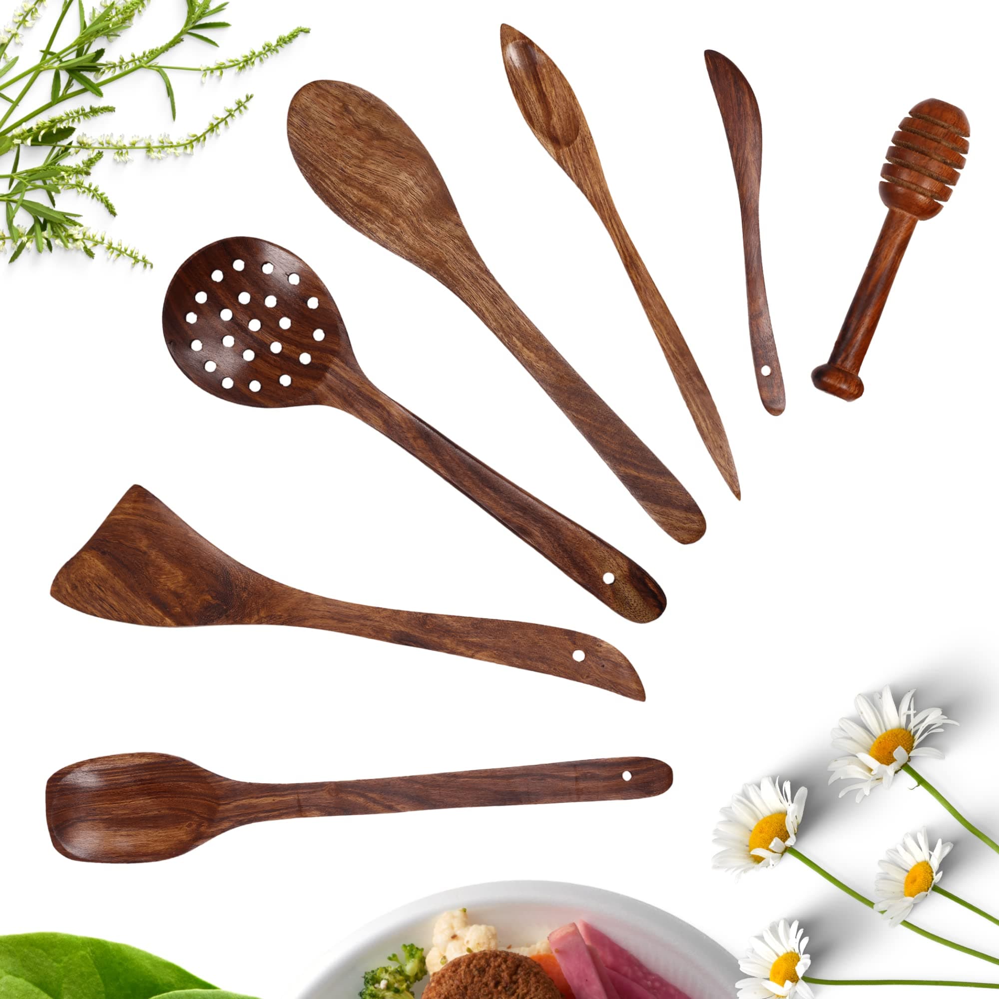 LX Wooden Spoon For Cooking Large Long Wood Spatula Nonstick Kitchen Utensil for Everyday Use (Set of 7)