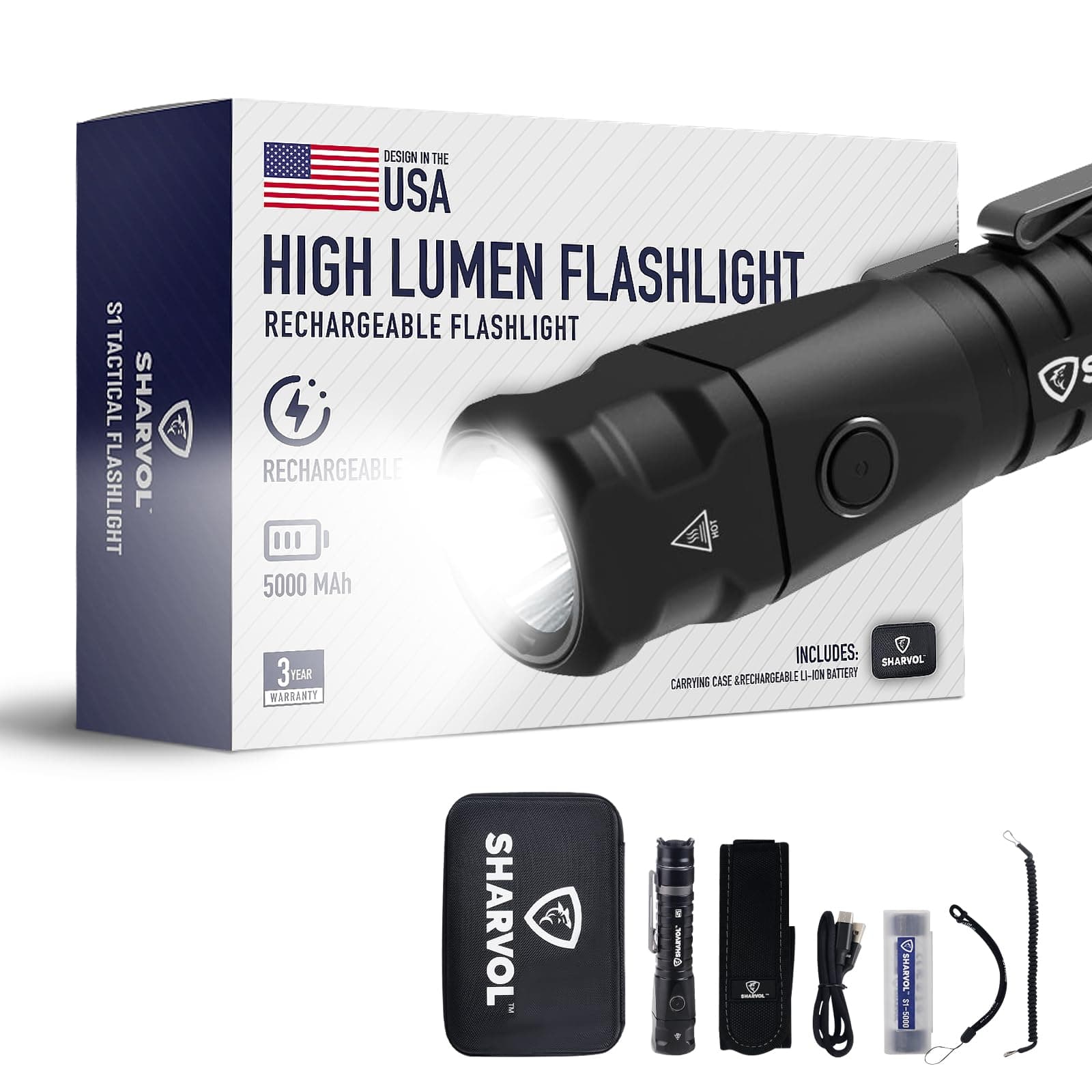 Sharvol Rechargeable Tactical Flashlight with Battery High Lumens Rechargeable Flashlights - 21000 Candela, 1900 Lumens with 5000 mAh Long Lasting Cell