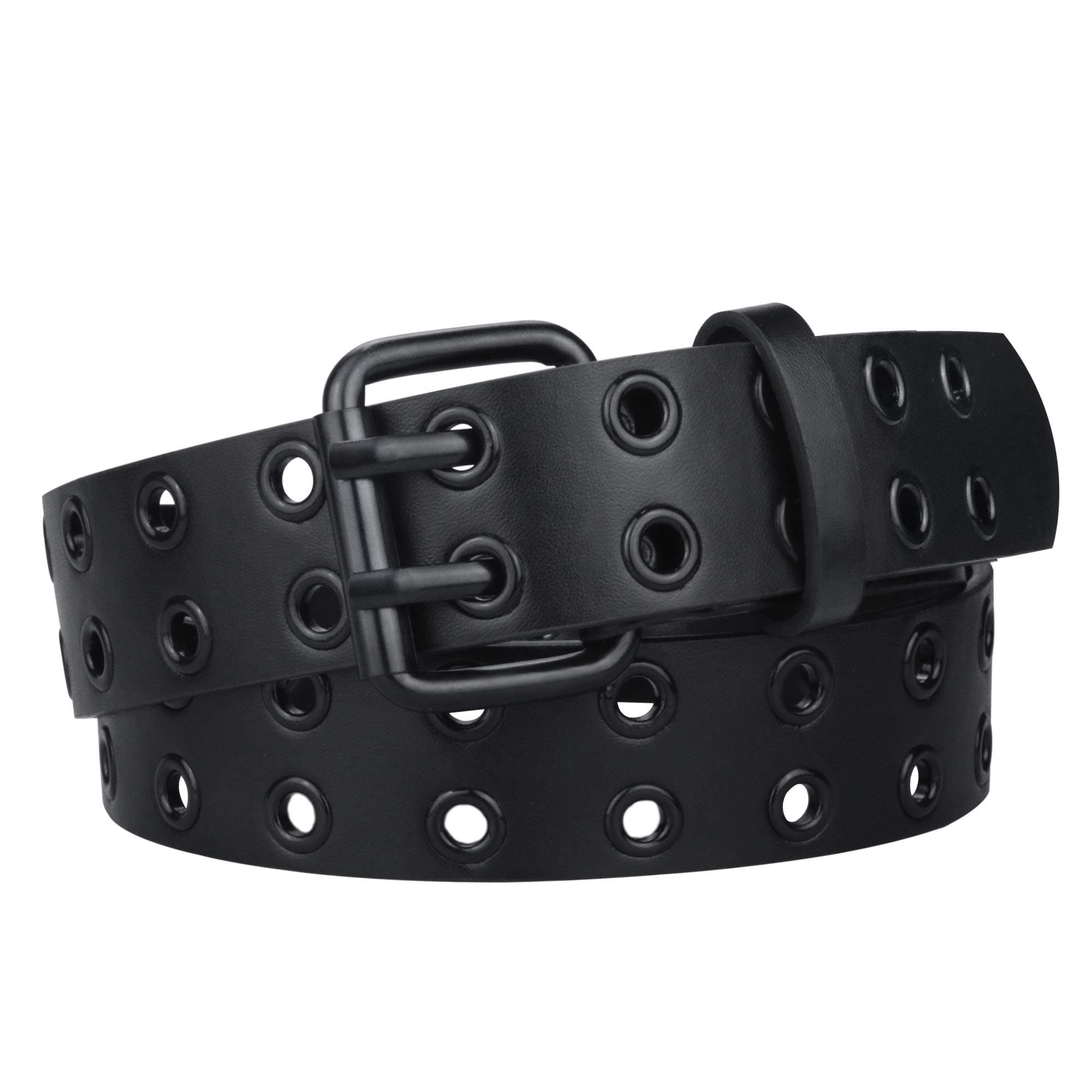 macokingGrommet Leather Belts for Women, Black Belt Women Men with Double Holes