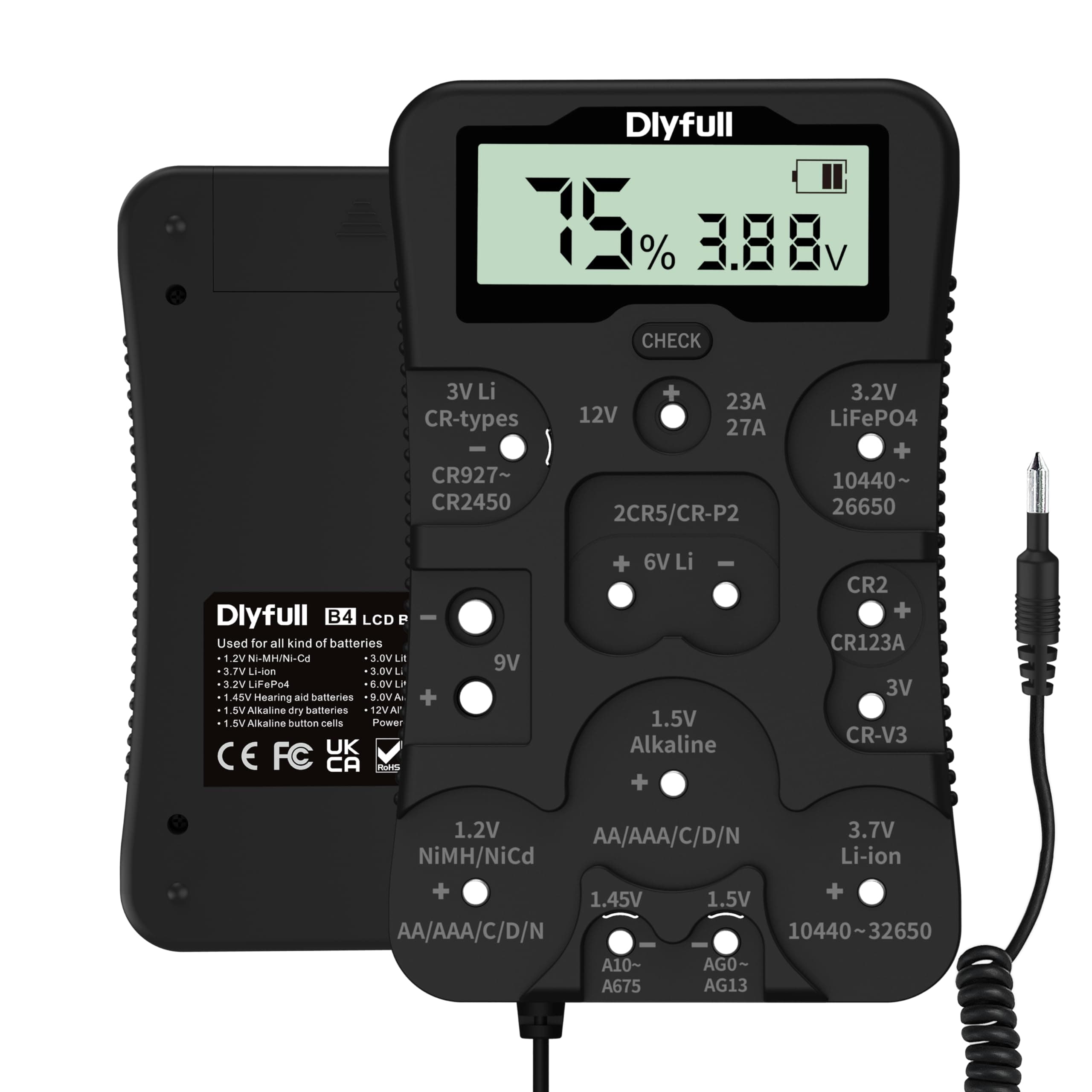 Battery Tester, LCD Display Universal Battery Checker for for Ni-MH, Ni-CD, Li-ion, Alk & LiFe04 Batteries(AA AAA C D 9V 12V 18650 CR123A 2CR5 CR2032 Cells), 2X AAA Batteries Included