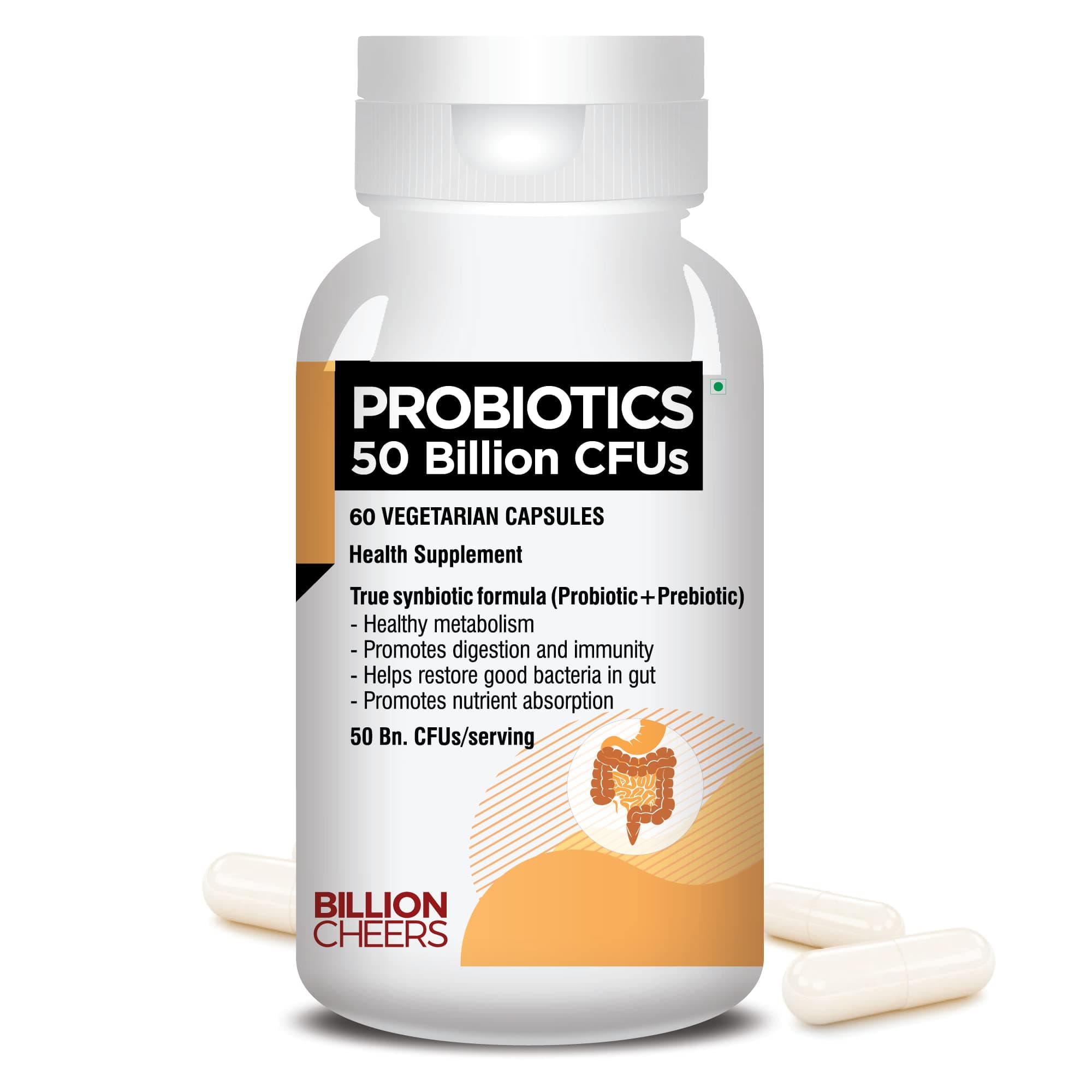 BillionCheers Probiotics Supplement 50 Billion CFUs for Women & Men | Lactobacillus for Better Immunity, Digestion & Gut Health with Prebiotic Fiber - 60 Veg Capsules