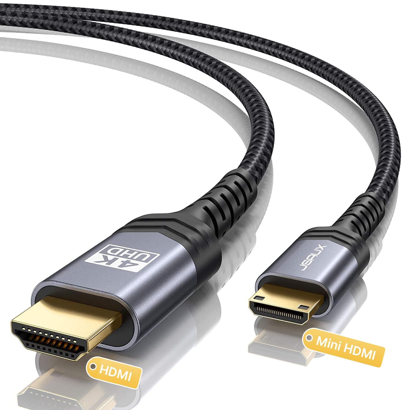 Mini HDMI to HDMI Cable 15FT, [Aluminum Shell, Braided] High Speed 4K 60Hz HDMI 2.0 Cord, Compatible with Camera, Camcorder, Tablet and Graphics/Video Card, Laptop, Raspberry Pi Zero W - Grey