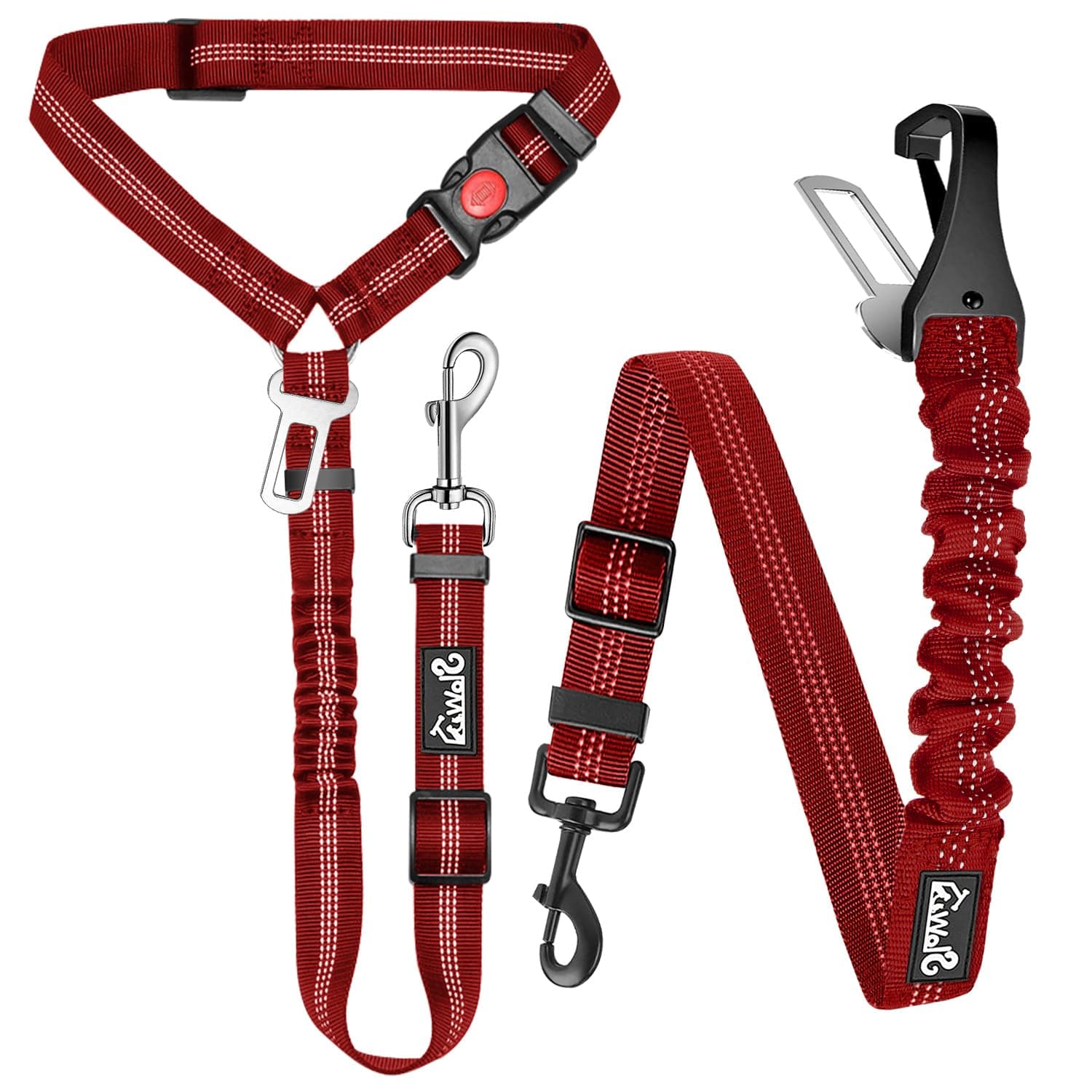 Lukovee Dog Seatbelt Leash for Cars, 2 Pack Pet Safety Seat Belt with Adjustable Buckle & Reflective Bungee, Connect Dog Harness in Vehicle Dogs Restraint Travel Daily Use (Red)
