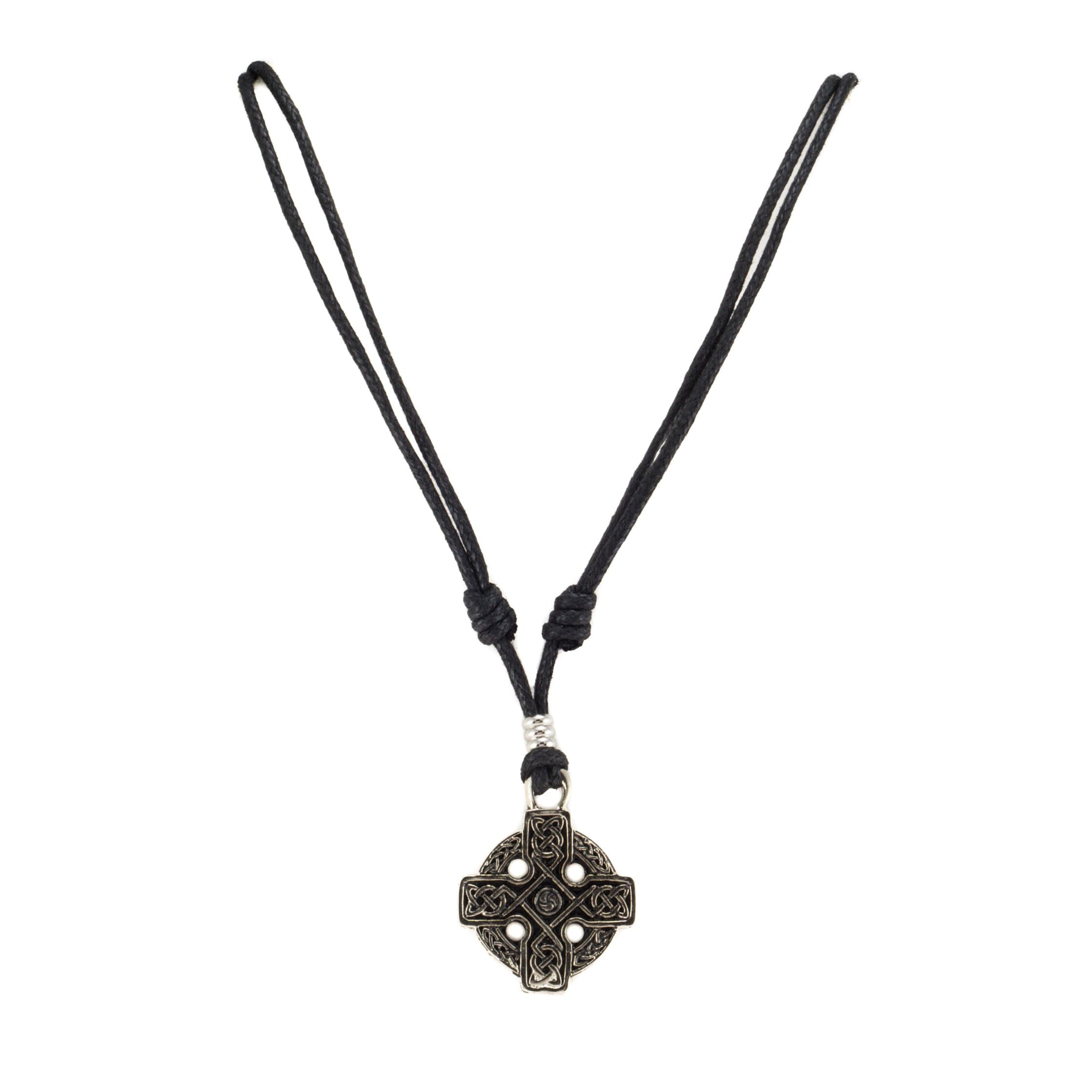 Celtic Cross on Adjustable Black Cord Necklace (Old Silver Finish)